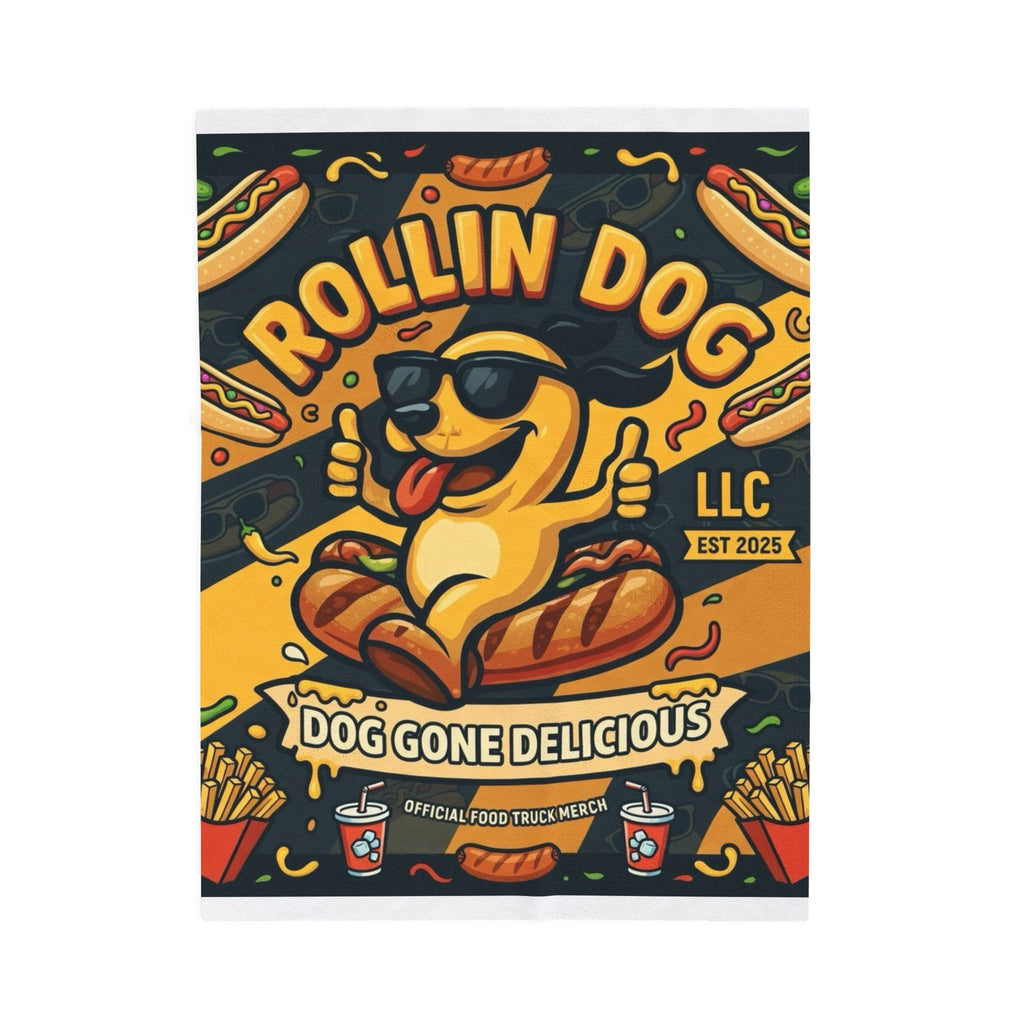 Velveteen Plush Blanket – "Rollin Dog: Dog Gone Delicious" Food Truck Graphic Throw