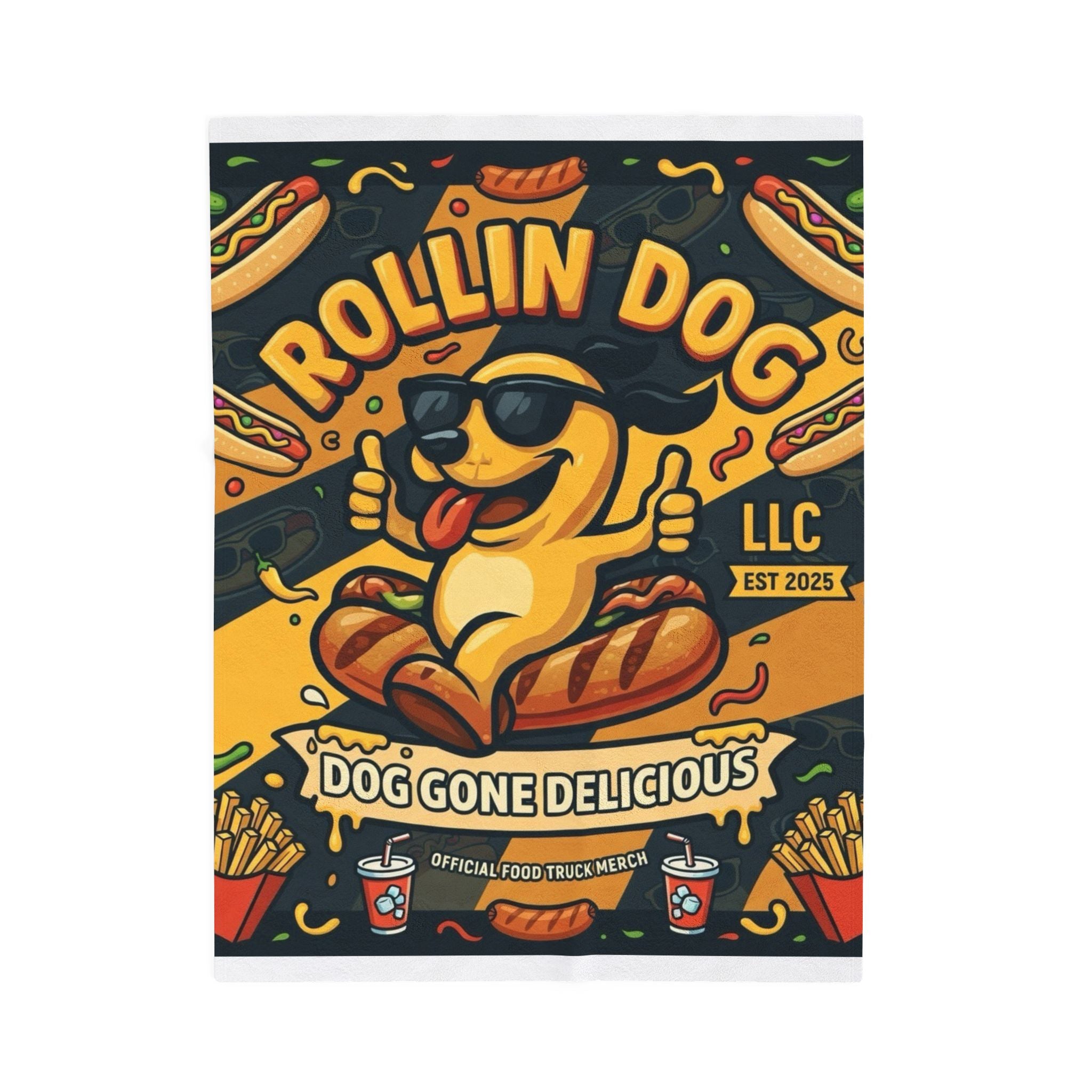 Velveteen Plush Blanket – "Rollin Dog: Dog Gone Delicious" Food Truck Graphic Throw