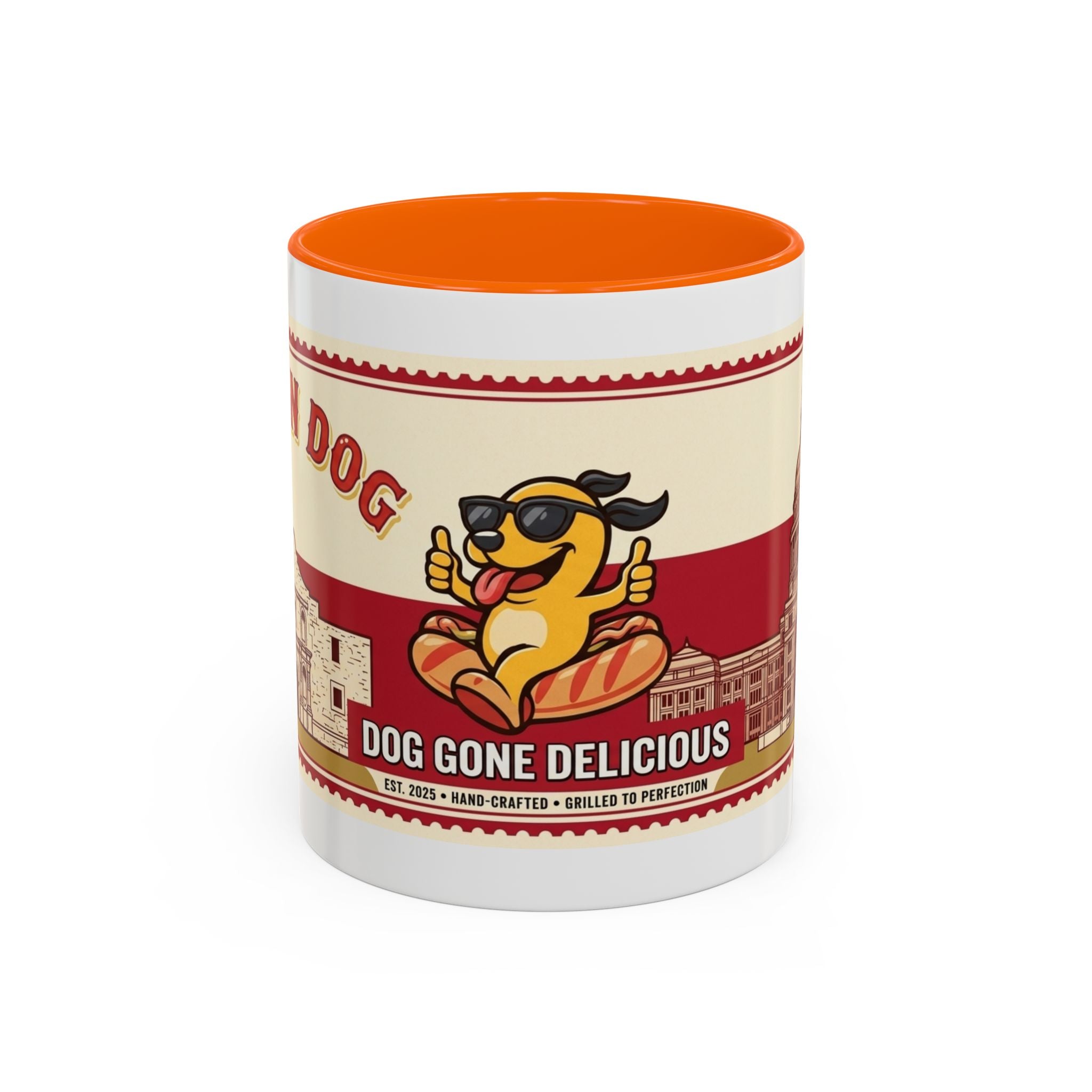 Rollin Dog Coffee Mug — Retro 'Dog Gone Delicious' Hot Dog Design (11/15oz)