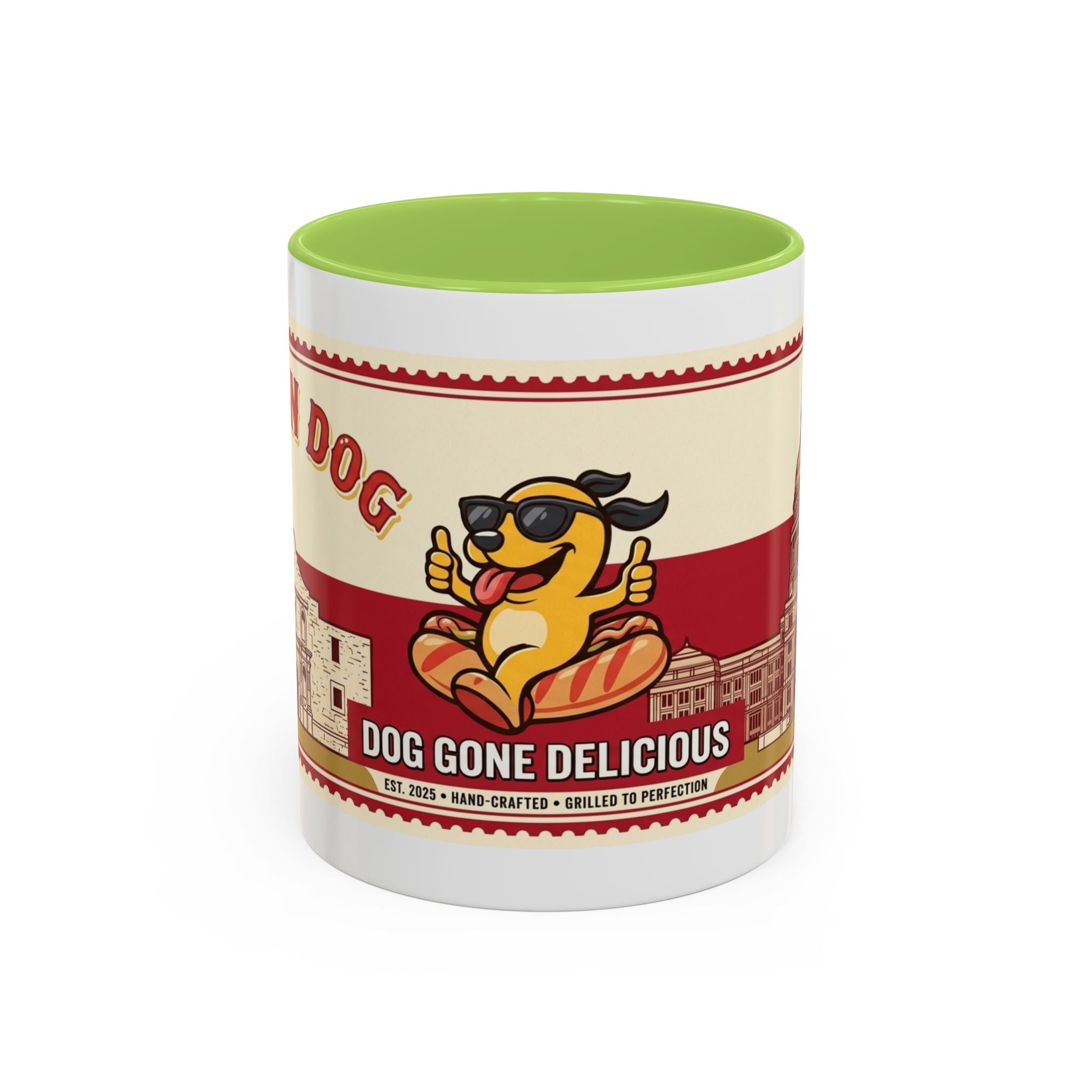 Rollin Dog Coffee Mug — Retro 'Dog Gone Delicious' Hot Dog Design (11/15oz)