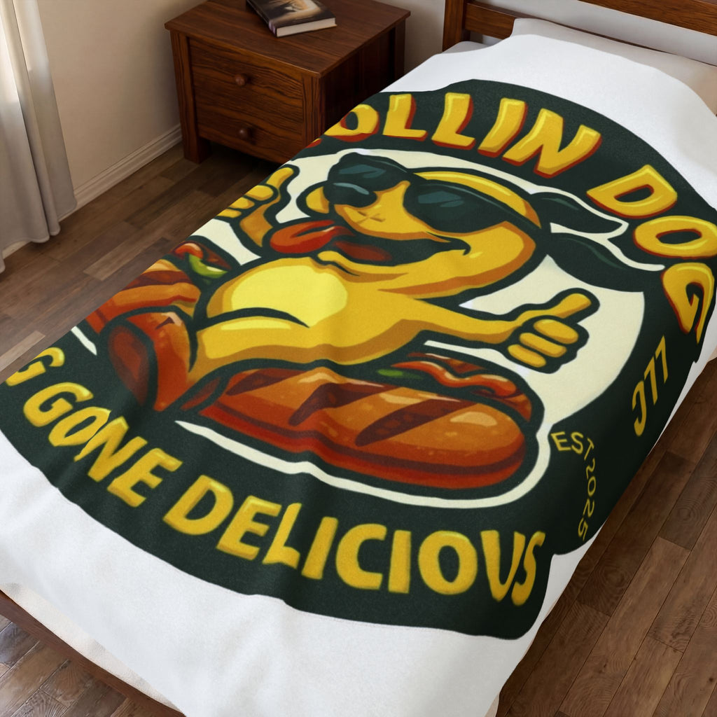 Original Velveteen Plush Blanket — 'Rollin Dog: Dog Gone Delicious' Retro Hot Dog Mascot Throw