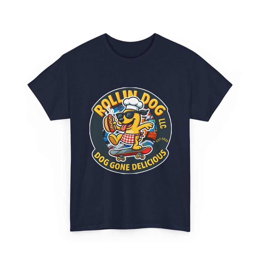 Rollin Dog Skateboard Hot Dog T-Shirt — 'Rollin Dog LLC: Dog Gone Delicious' Vintage Logo Tee