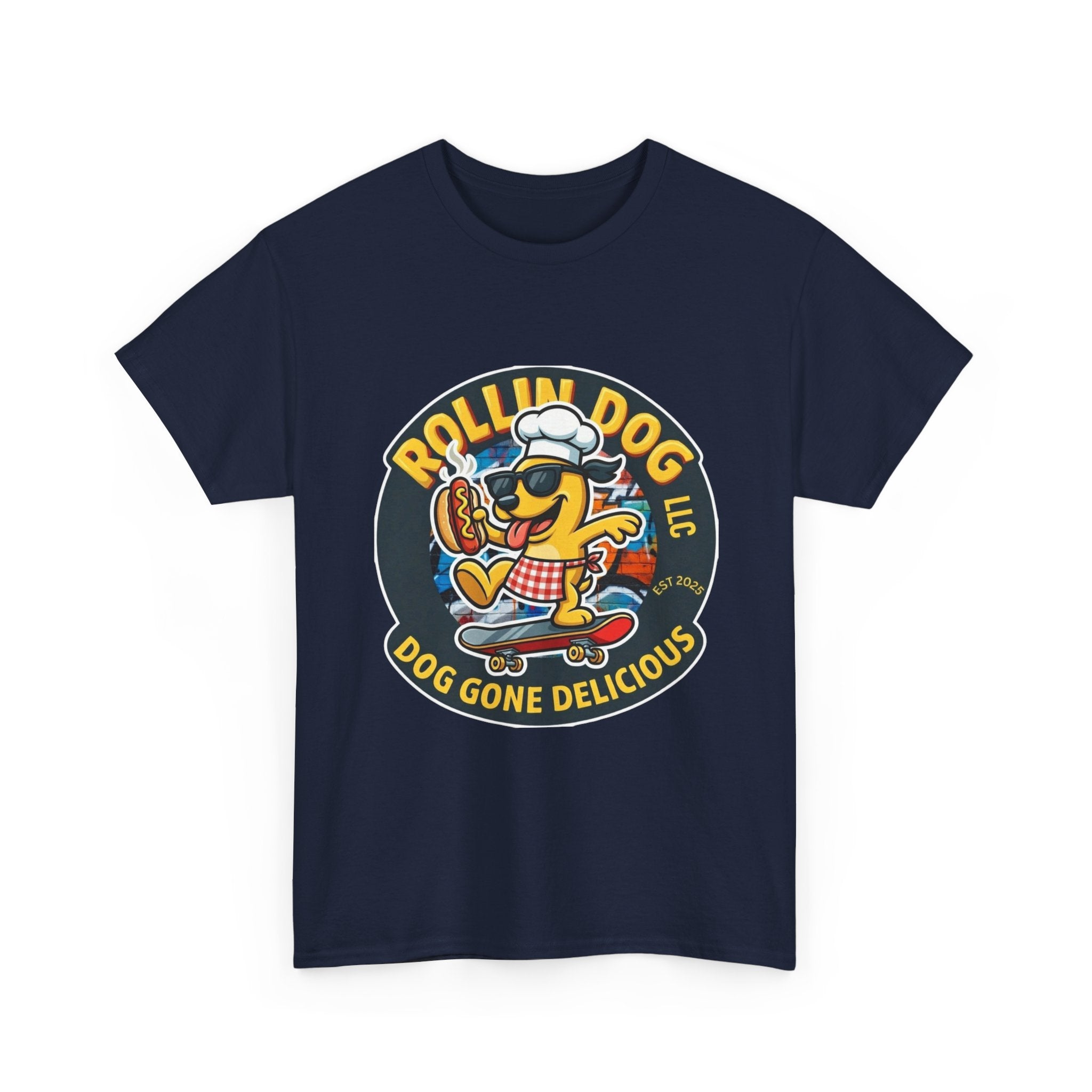 Rollin Dog Skateboard Hot Dog T-Shirt — 'Rollin Dog LLC: Dog Gone Delicious' Vintage Logo Tee