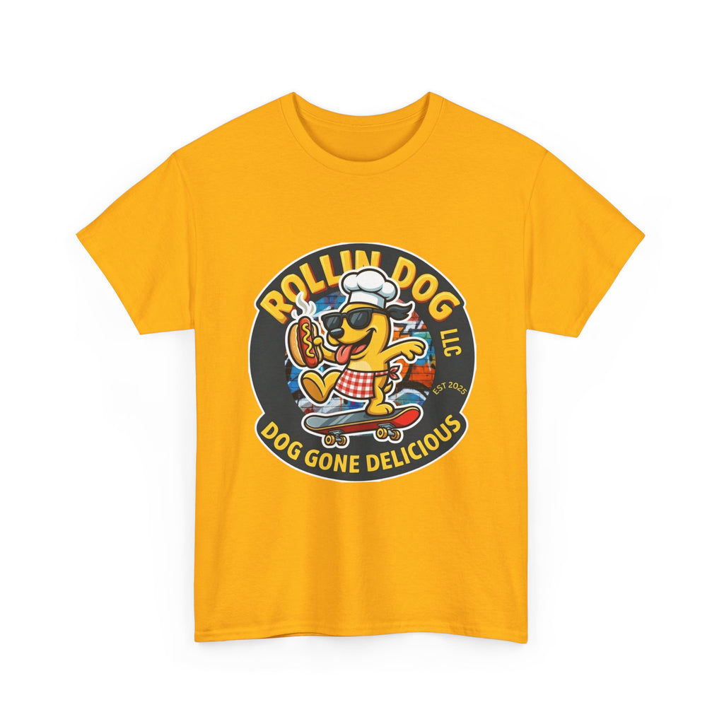Rollin Dog Skateboard Hot Dog T-Shirt — 'Rollin Dog LLC: Dog Gone Delicious' Vintage Logo Tee
