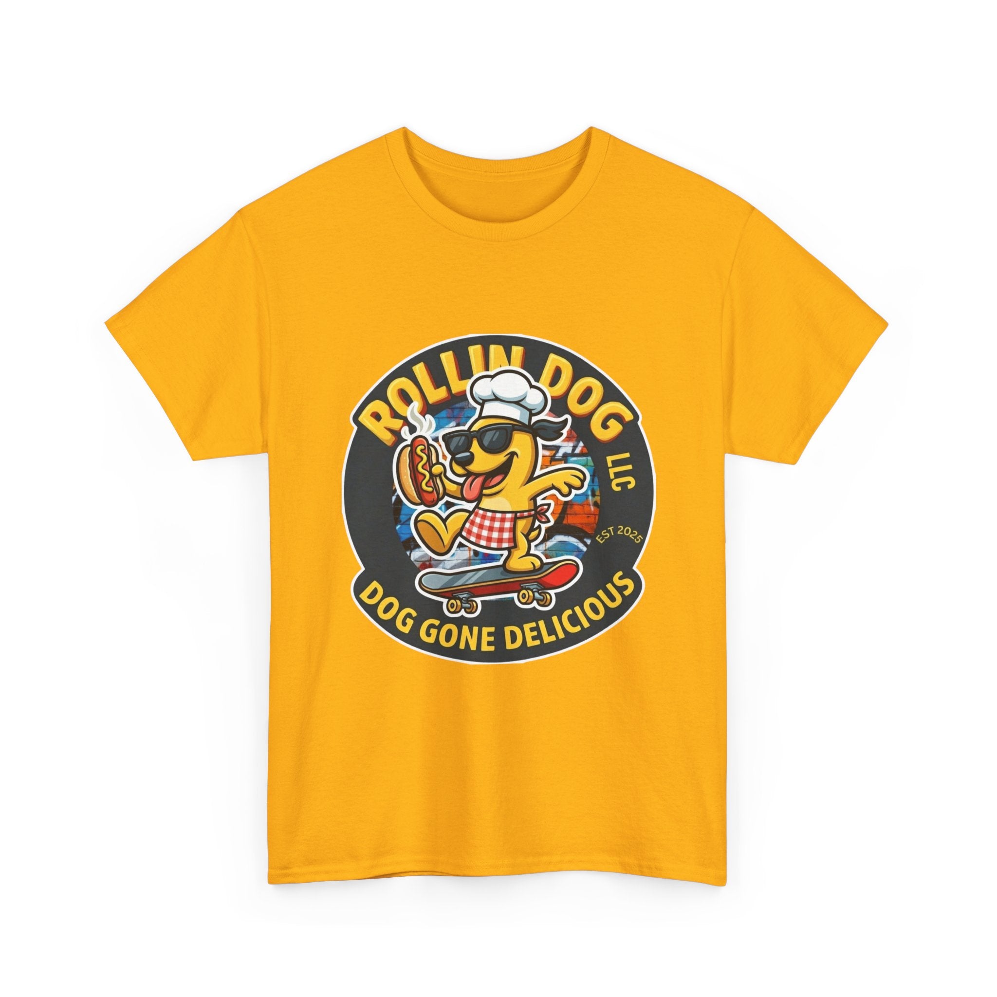 Rollin Dog Skateboard Hot Dog T-Shirt — 'Rollin Dog LLC: Dog Gone Delicious' Vintage Logo Tee