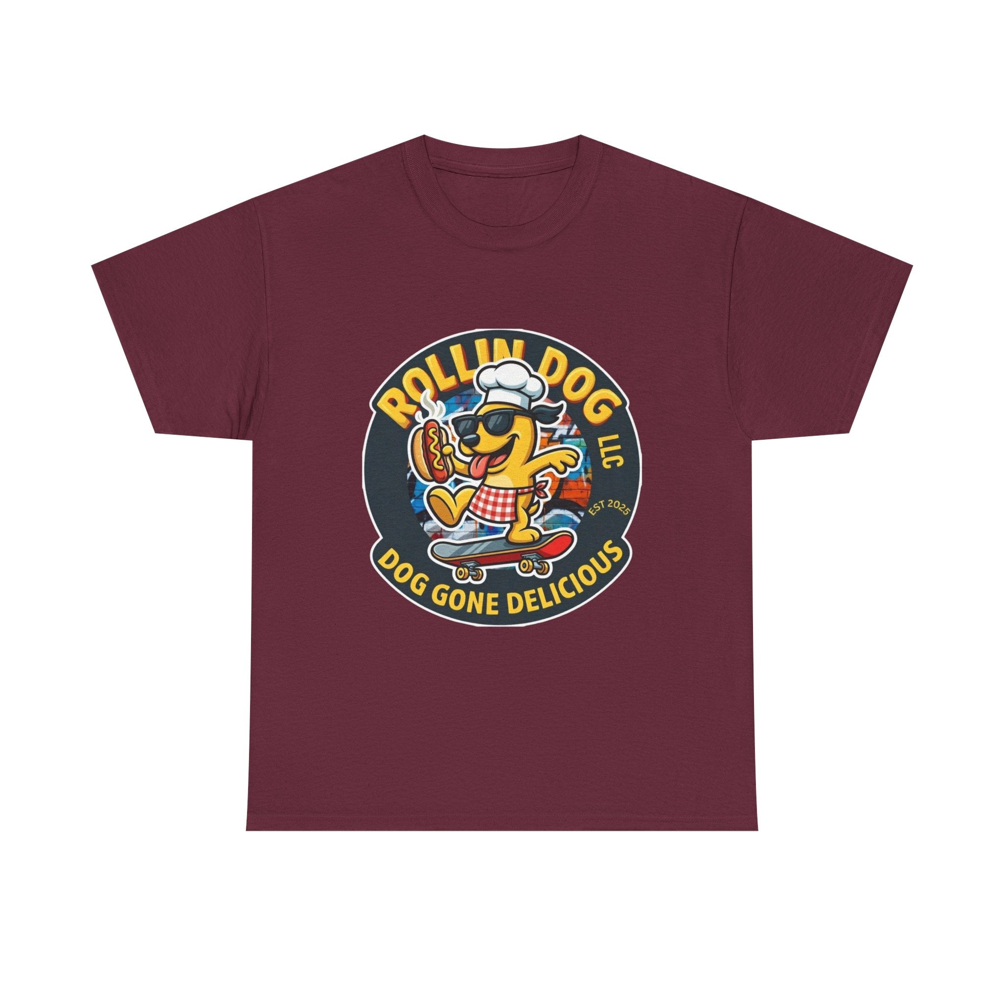 Rollin Dog Skateboard Hot Dog T-Shirt — 'Rollin Dog LLC: Dog Gone Delicious' Vintage Logo Tee