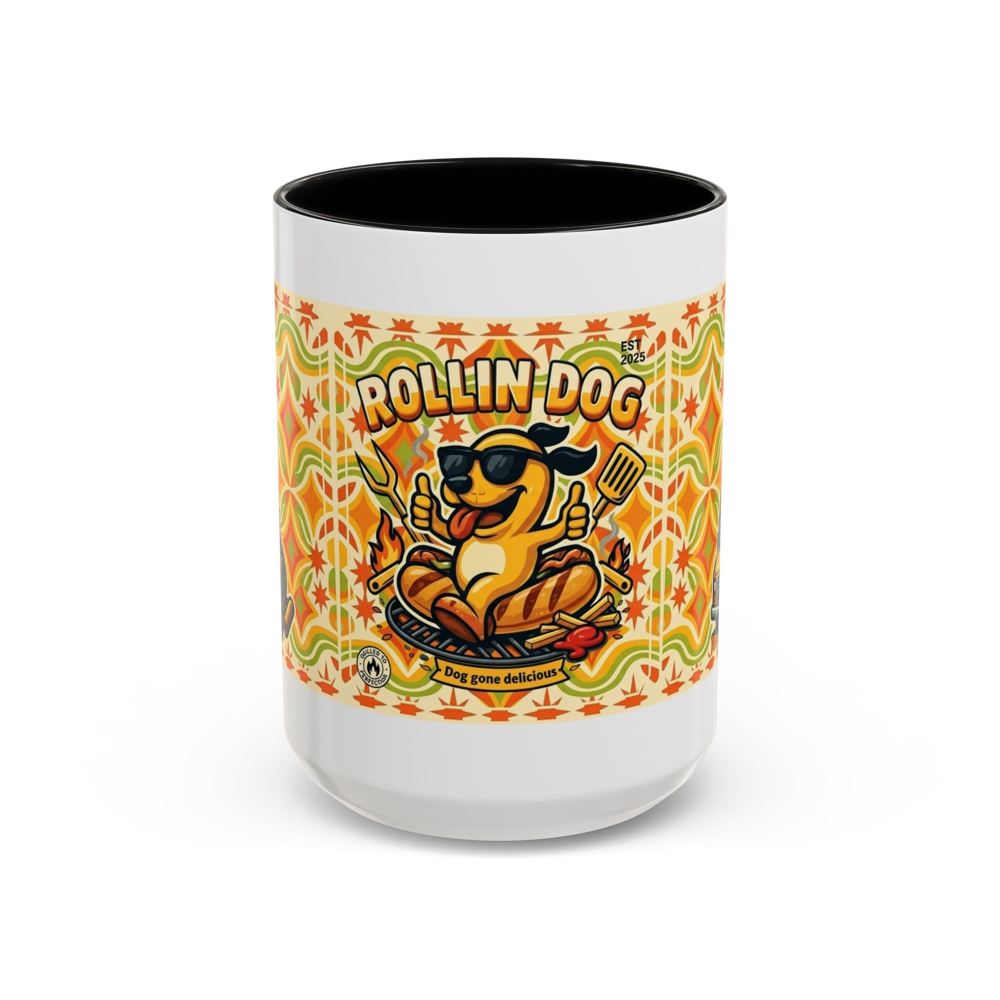 Retron Hot Dog Food Truck Accent Coffee Mug — "Rollin Dog" Retro Summer BBQ Mug (11/15oz)