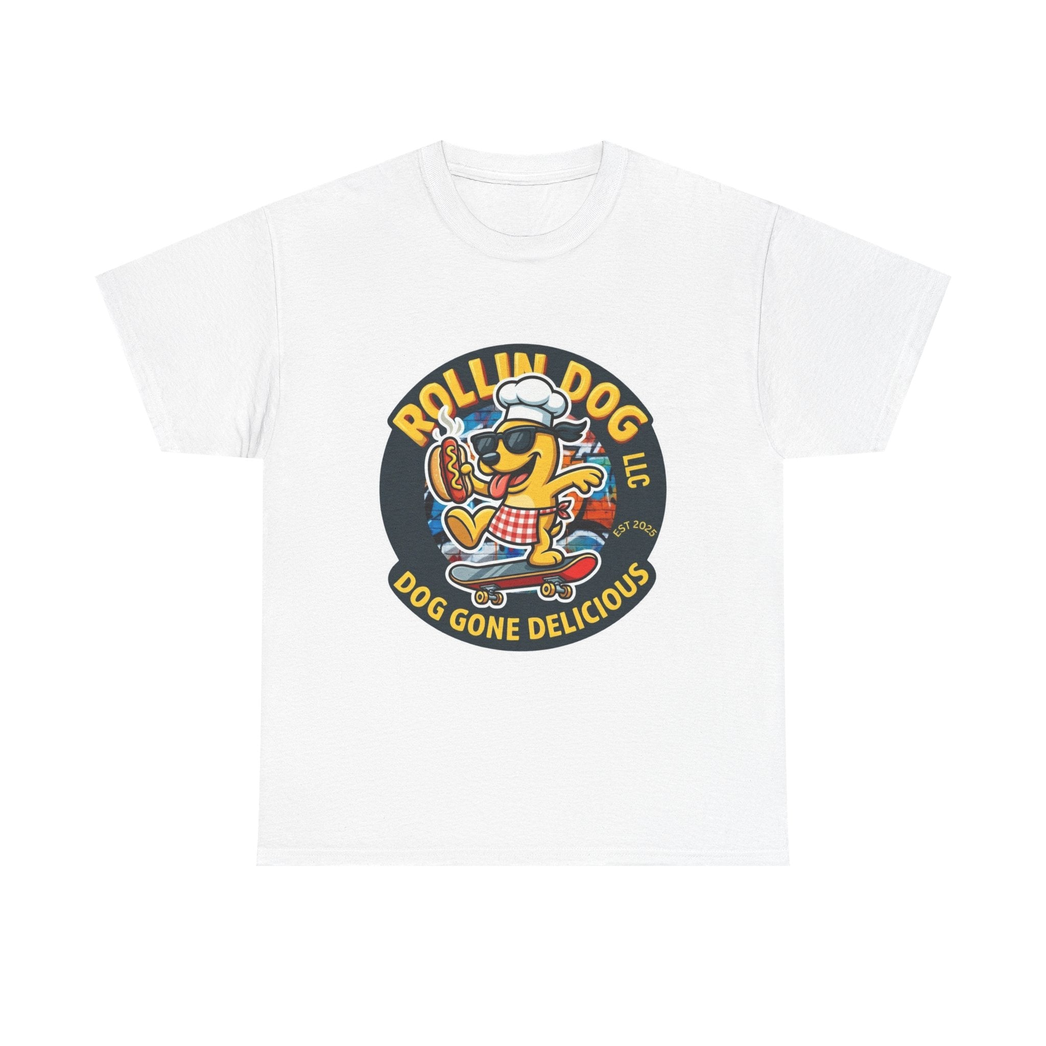 Rollin Dog Skateboard Hot Dog T-Shirt — 'Rollin Dog LLC: Dog Gone Delicious' Vintage Logo Tee