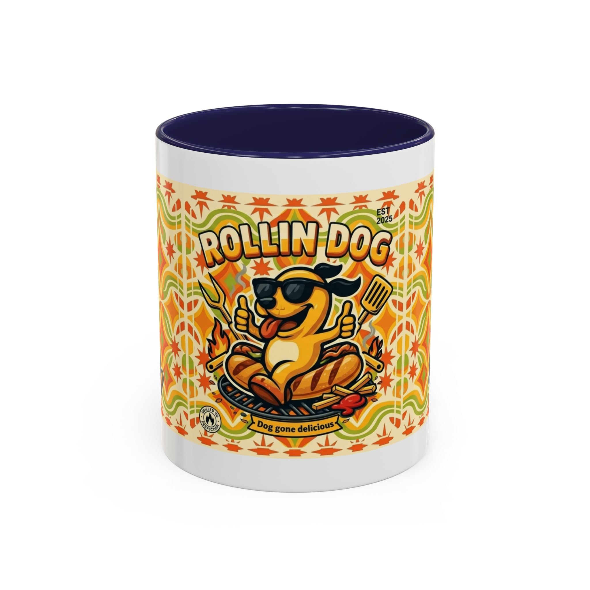 Retron Hot Dog Food Truck Accent Coffee Mug — "Rollin Dog" Retro Summer BBQ Mug (11/15oz)