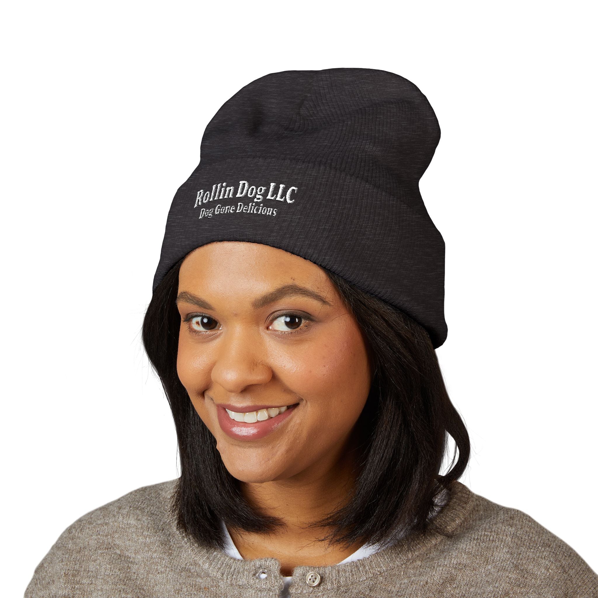 Embroidered Classic White Cuffed Beanie - Rollin Dog LLC Logo