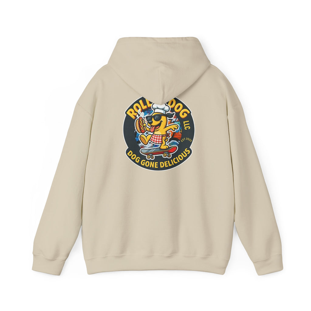 Rollin Dog LLC Skateboard Logo Hoodie — 'Dog Gone Delicious' Chef Hot Dog Graphic Hoodie