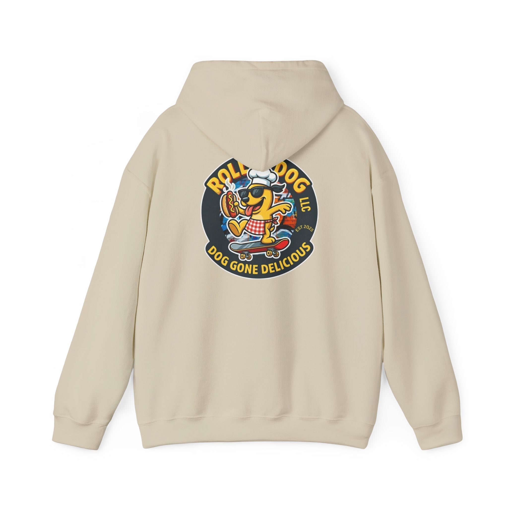 Rollin Dog LLC Skateboard Logo Hoodie — 'Dog Gone Delicious' Chef Hot Dog Graphic Hoodie