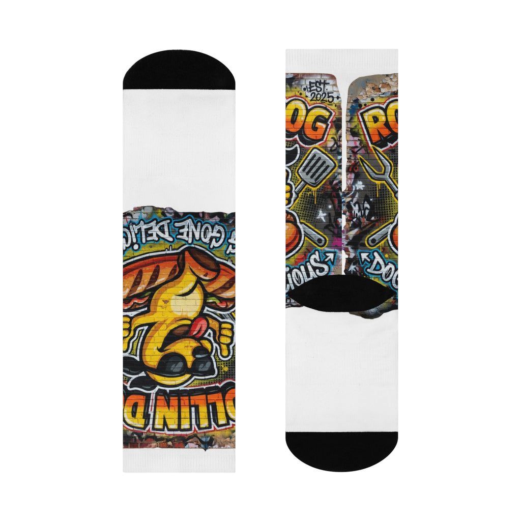 Hot Dog  Graffiti Crew Socks — Retro Grill Mascot Cushioned Socks ("Rollin' Dog")