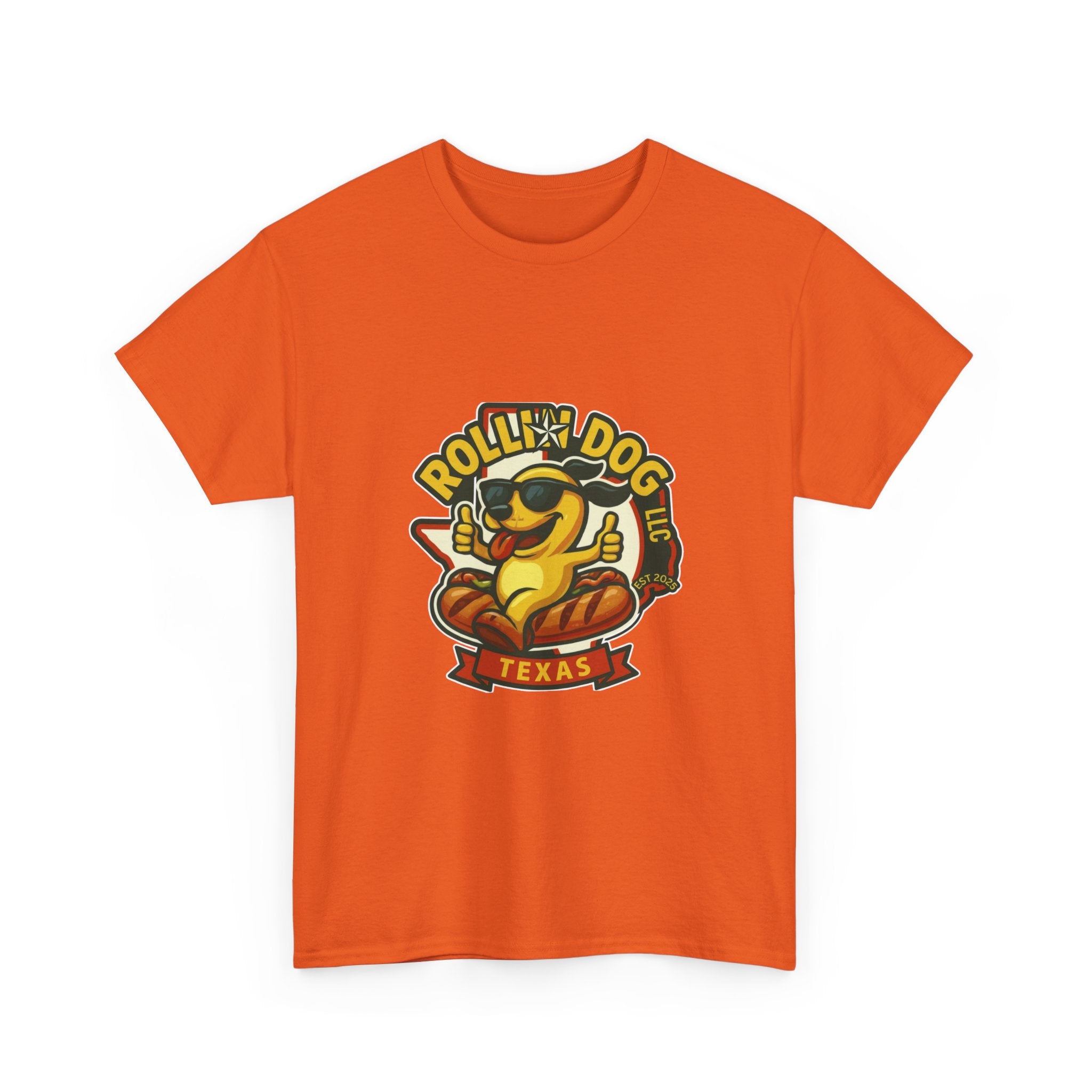 T-Shirt — "Rollin' Dog Texas" Cool Hot Dog Mascot Graphic Tee