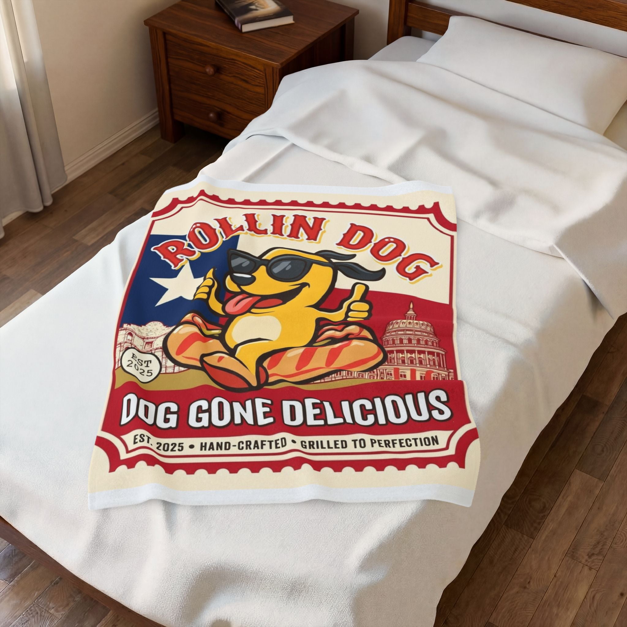 Texas Velveteen Plush Blanket — "Rollin Dog: Dog Gone Delicious" Retro Hot Dog Pup Throw