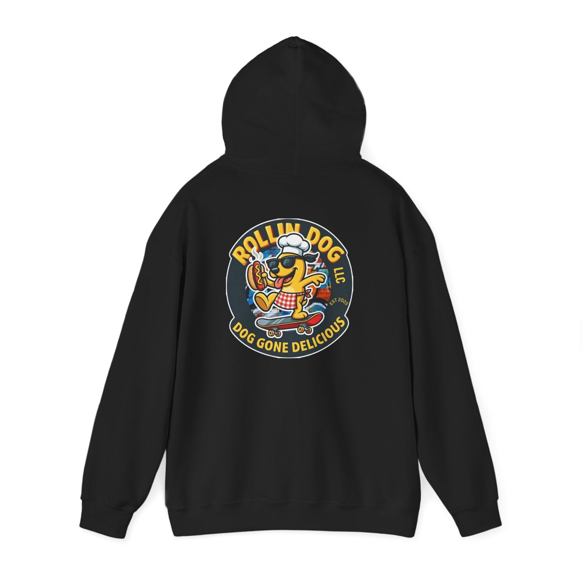 Rollin Dog LLC Skateboard Logo Hoodie — 'Dog Gone Delicious' Chef Hot Dog Graphic Hoodie