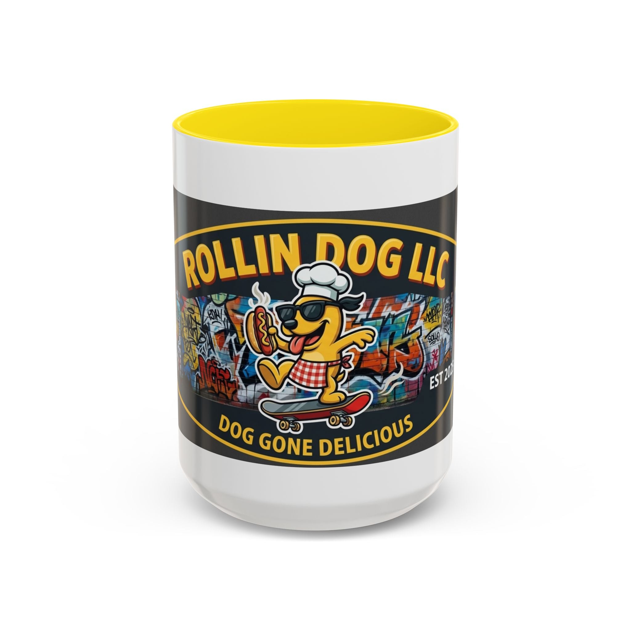 Rolling Dog Coffee Mug — 'Dog Gone Delicious' Skateboard Hot Dog Design