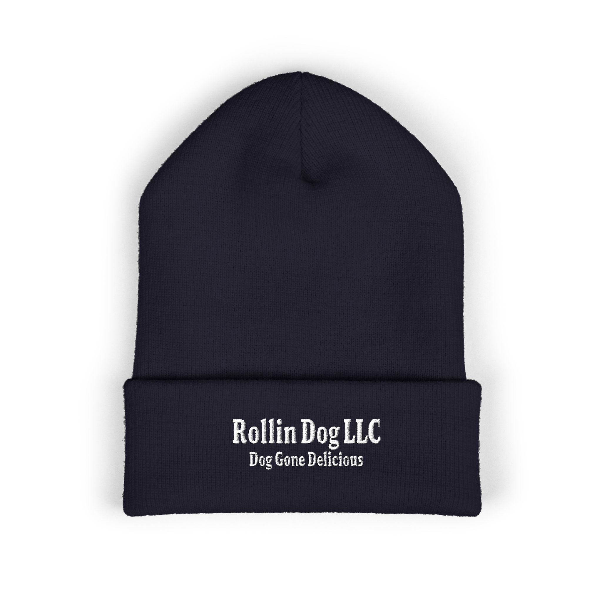 Embroidered Classic White Cuffed Beanie - Rollin Dog LLC Logo
