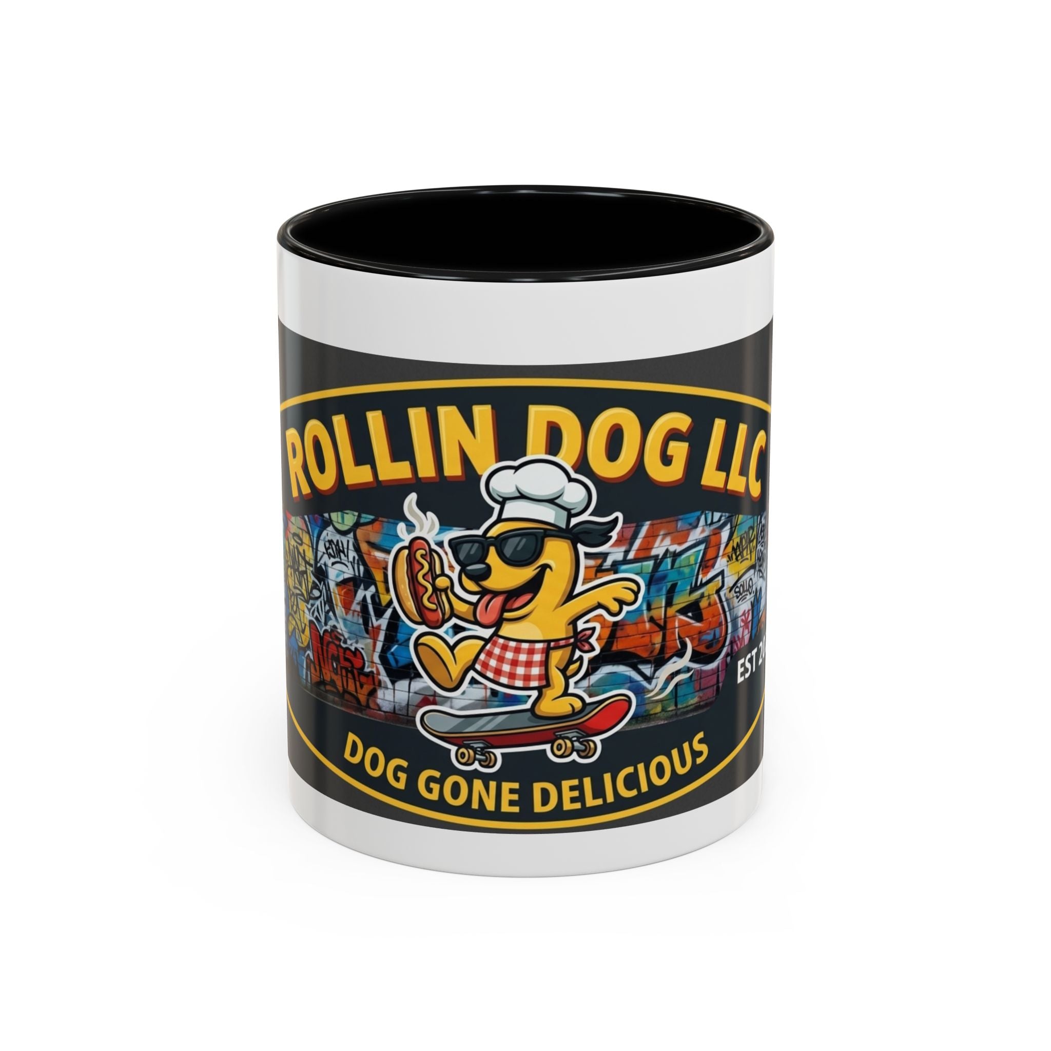 Rolling Dog Coffee Mug — 'Dog Gone Delicious' Skateboard Hot Dog Design