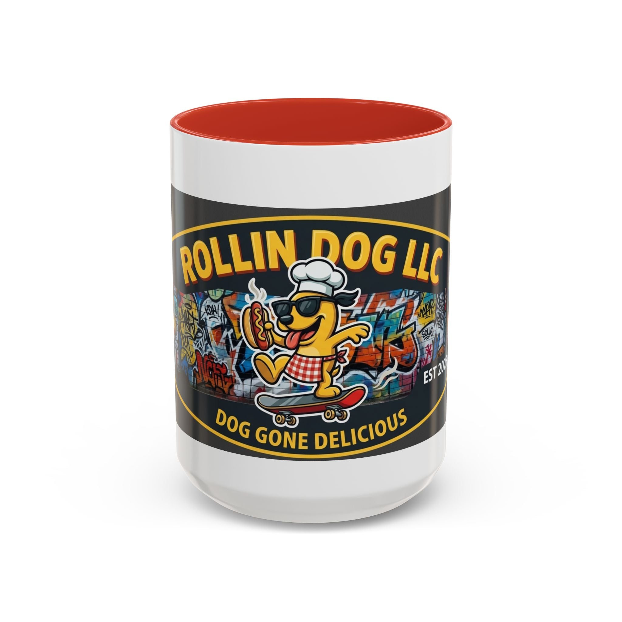 Rolling Dog Coffee Mug — 'Dog Gone Delicious' Skateboard Hot Dog Design