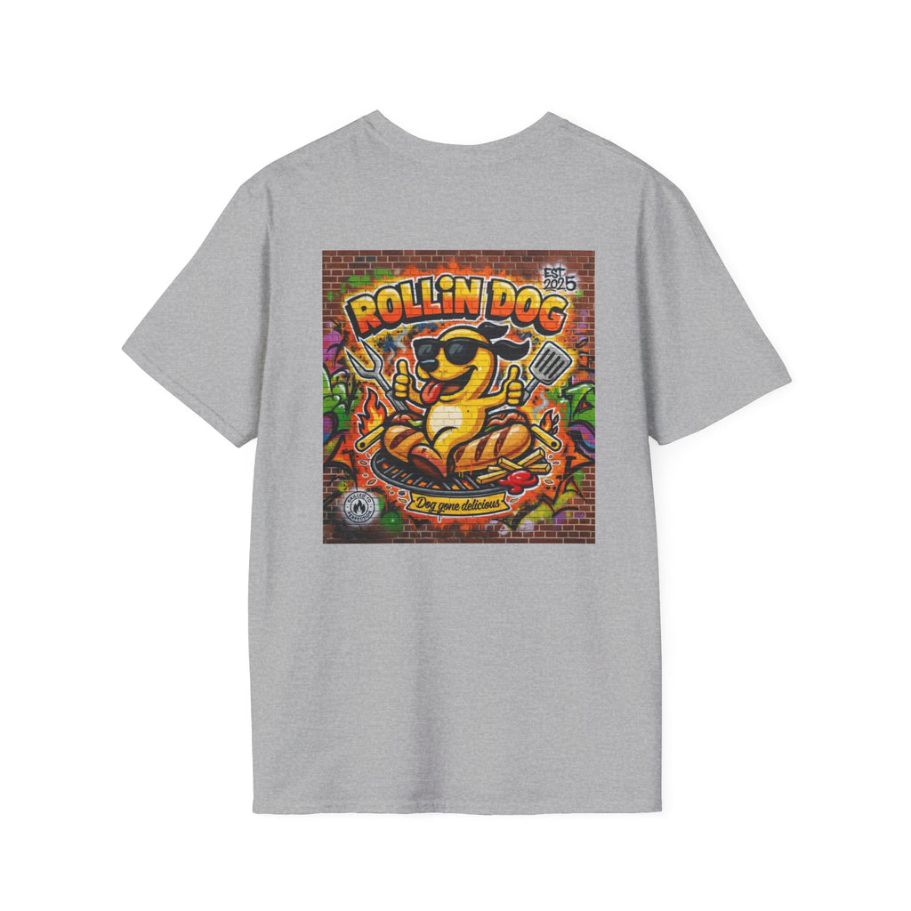 Rollin Dog Graphic T-Shirt Graffiti 2 — Retro Street Art Hot Dog Design
