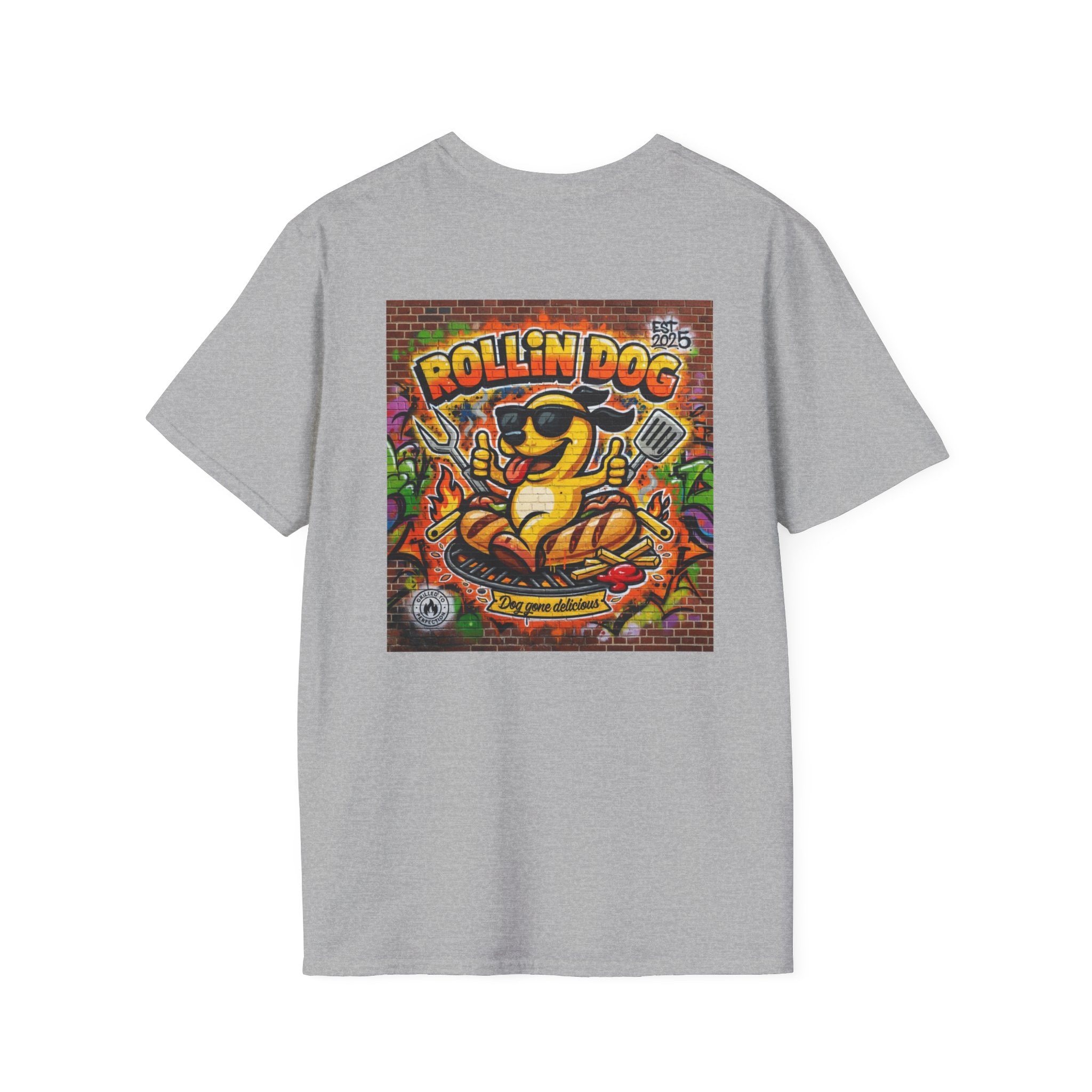 Rollin Dog Graphic T-Shirt Graffiti 2 — Retro Street Art Hot Dog Design