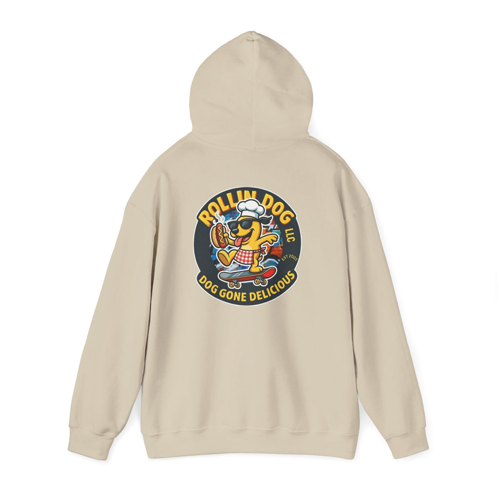 Rollin Dog LLC Skateboard Logo Hoodie — 'Dog Gone Delicious' Chef Hot Dog Graphic Hoodie