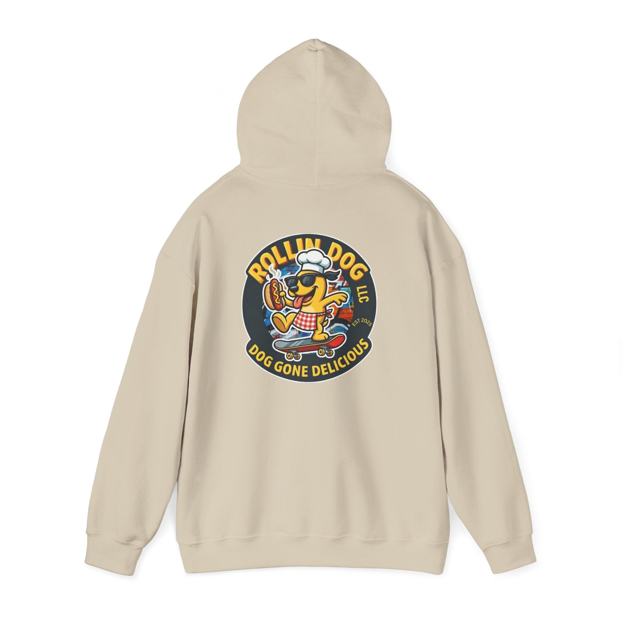 Rollin Dog LLC Skateboard Logo Hoodie — 'Dog Gone Delicious' Chef Hot Dog Graphic Hoodie