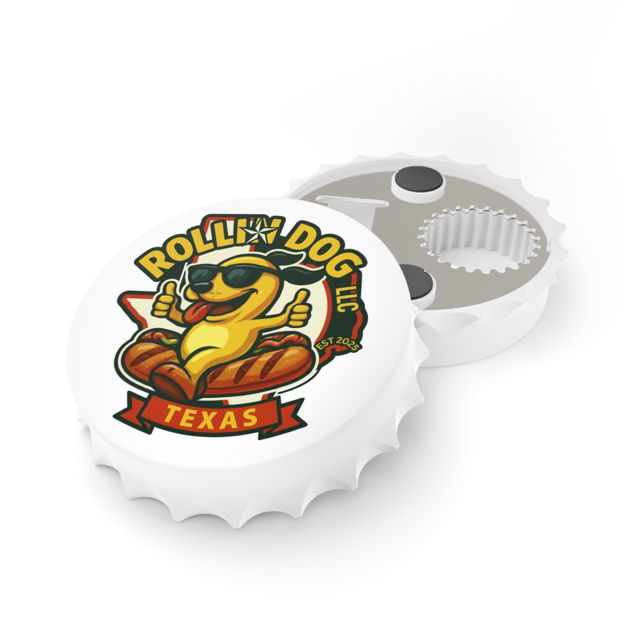 Rollin' Dog Texas Bottle Opener – Cute Sunglasses Hot Dog Logo Cap Opener