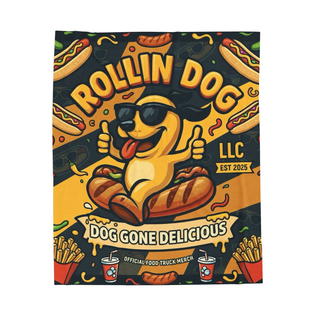 Velveteen Plush Blanket – "Rollin Dog: Dog Gone Delicious" Food Truck Graphic Throw