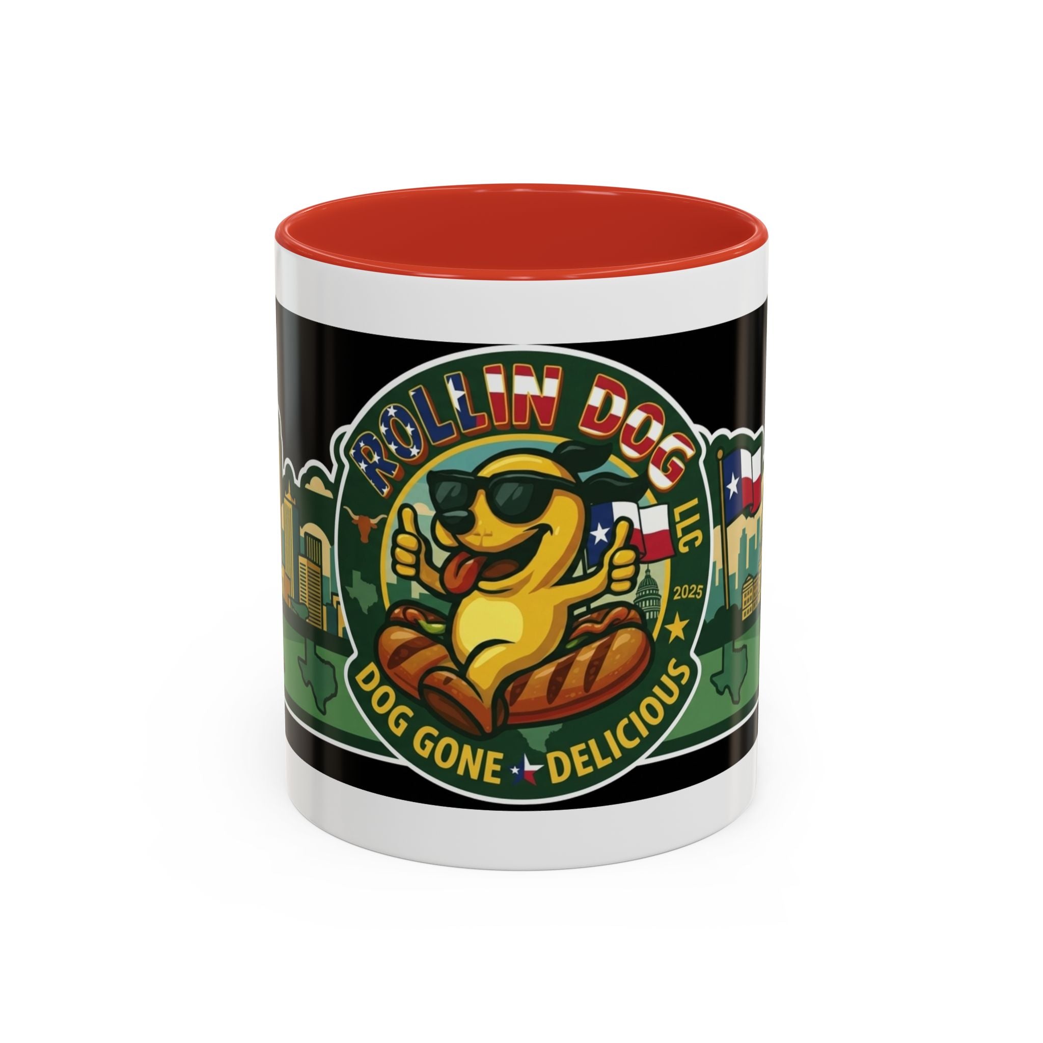 San Antonio Rollin Dog Coffee Mug — Fun Hot Dog Logo Accent Mug (11/15oz)
