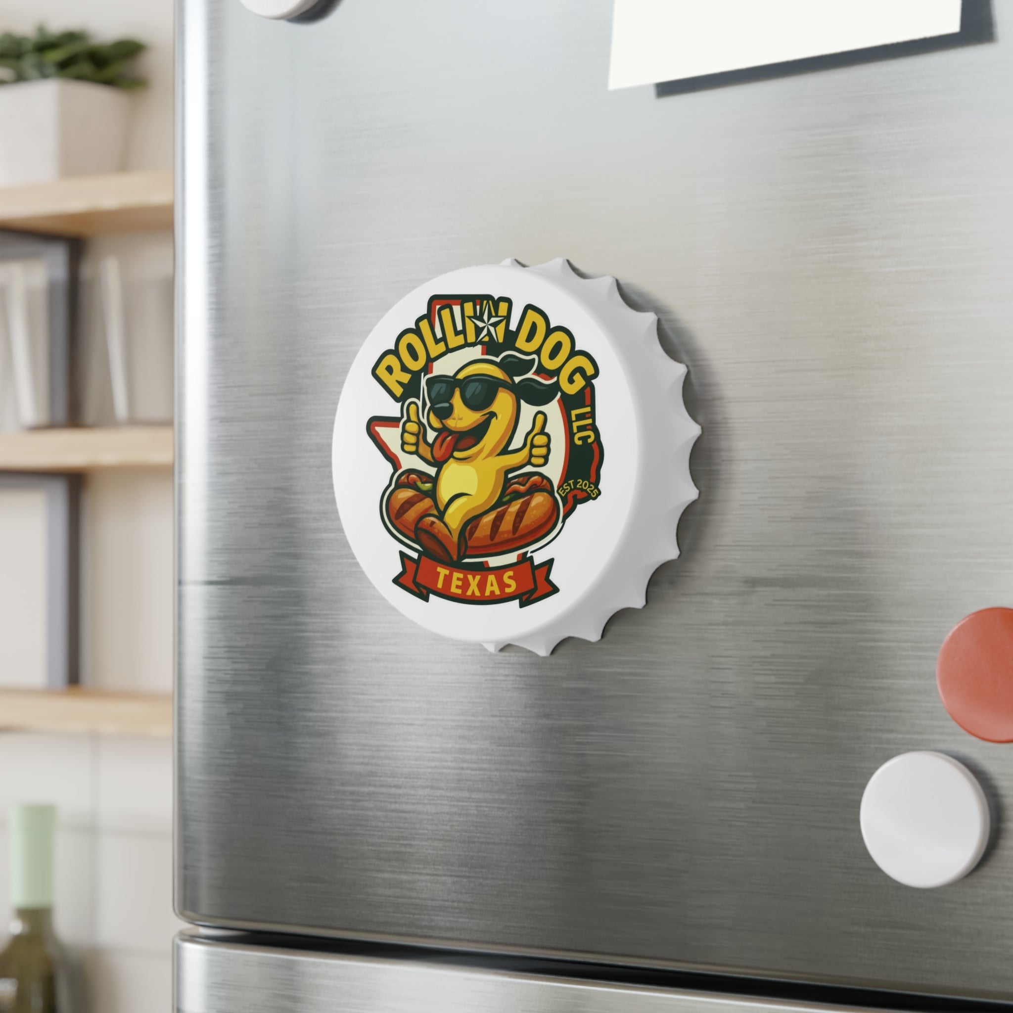 Rollin' Dog Texas Bottle Opener – Cute Sunglasses Hot Dog Logo Cap Opener
