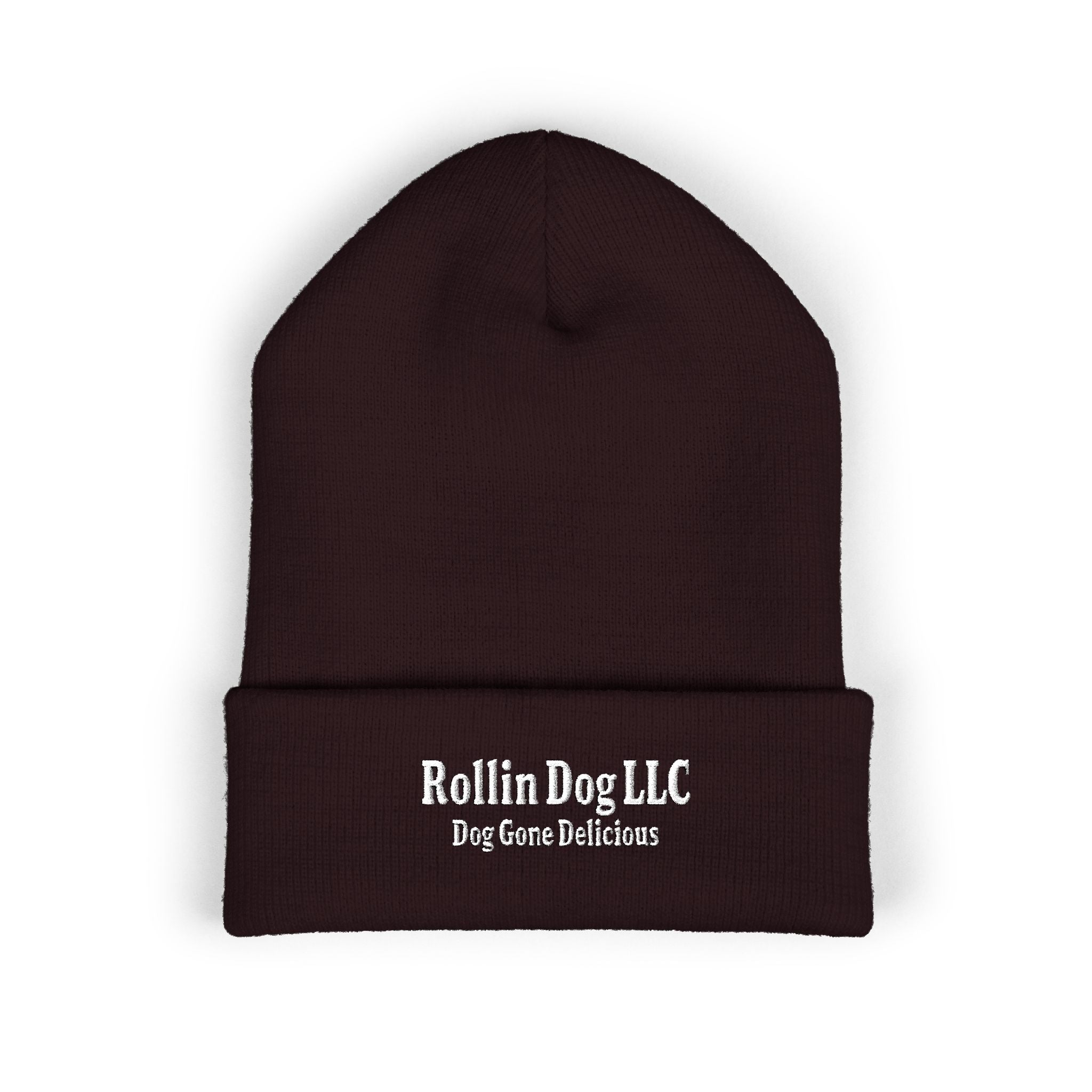 Embroidered Classic White Cuffed Beanie - Rollin Dog LLC Logo