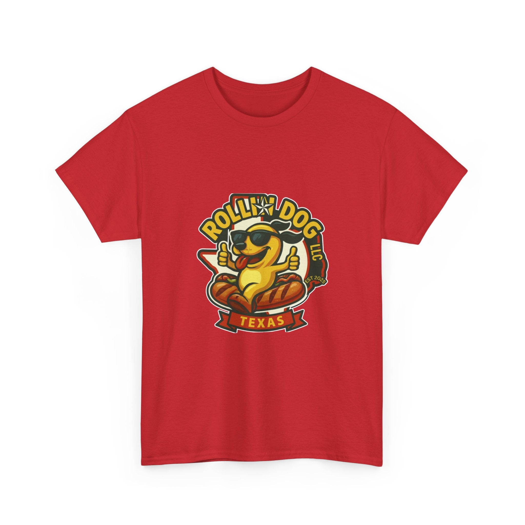 T-Shirt — "Rollin' Dog Texas" Cool Hot Dog Mascot Graphic Tee