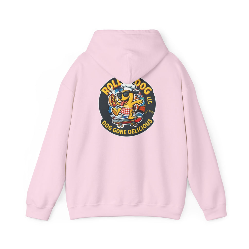 Rollin Dog LLC Skateboard Logo Hoodie — 'Dog Gone Delicious' Chef Hot Dog Graphic Hoodie