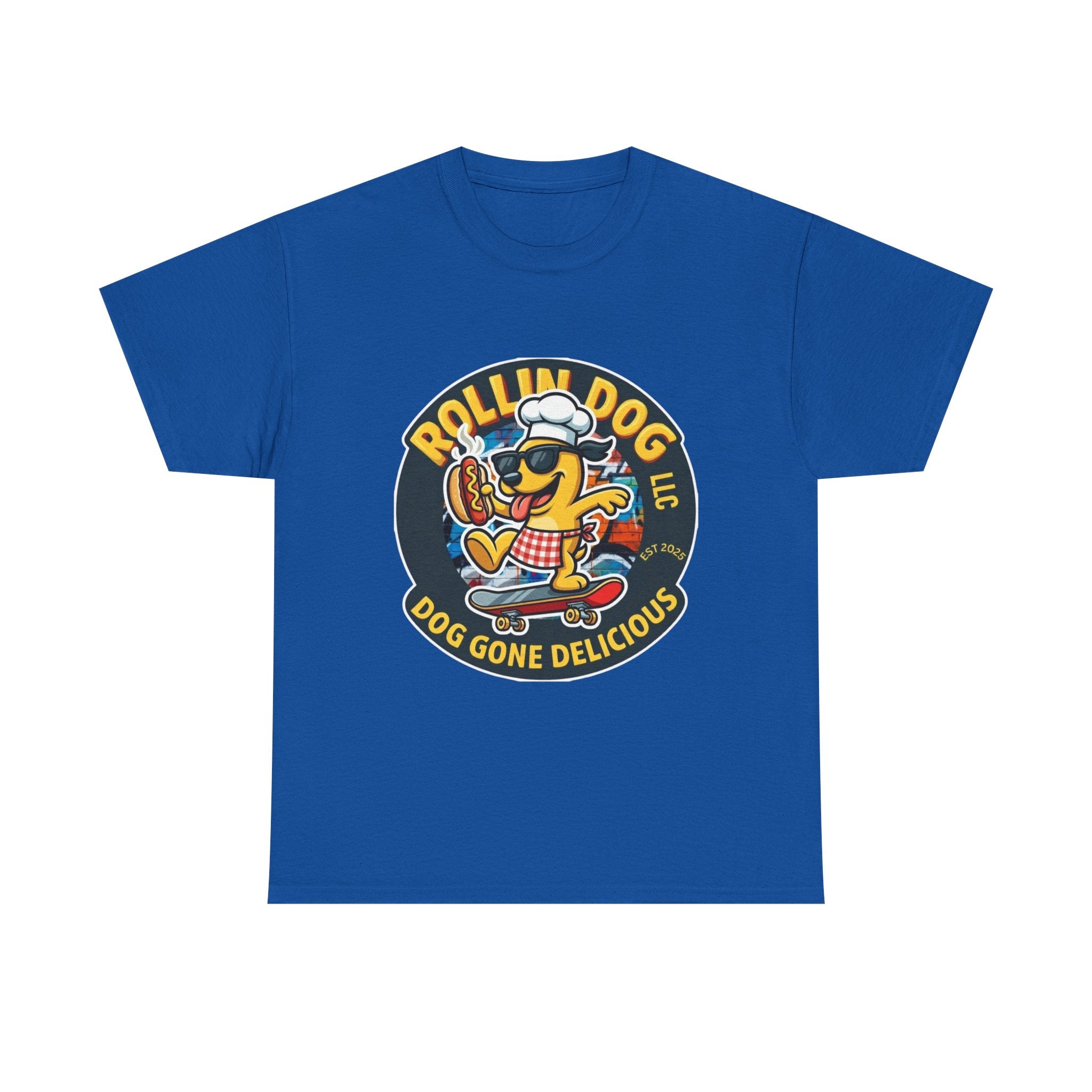 Rollin Dog Skateboard Hot Dog T-Shirt — 'Rollin Dog LLC: Dog Gone Delicious' Vintage Logo Tee