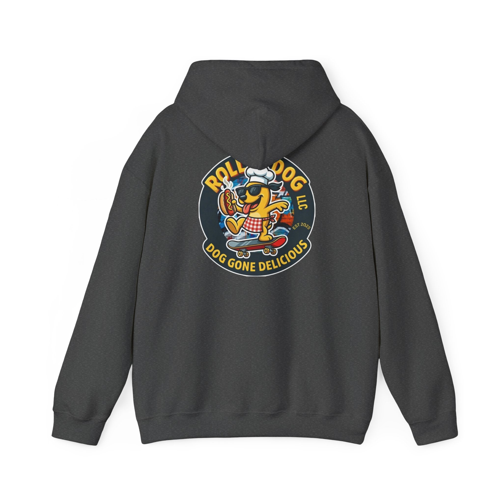 Rollin Dog LLC Skateboard Logo Hoodie — 'Dog Gone Delicious' Chef Hot Dog Graphic Hoodie