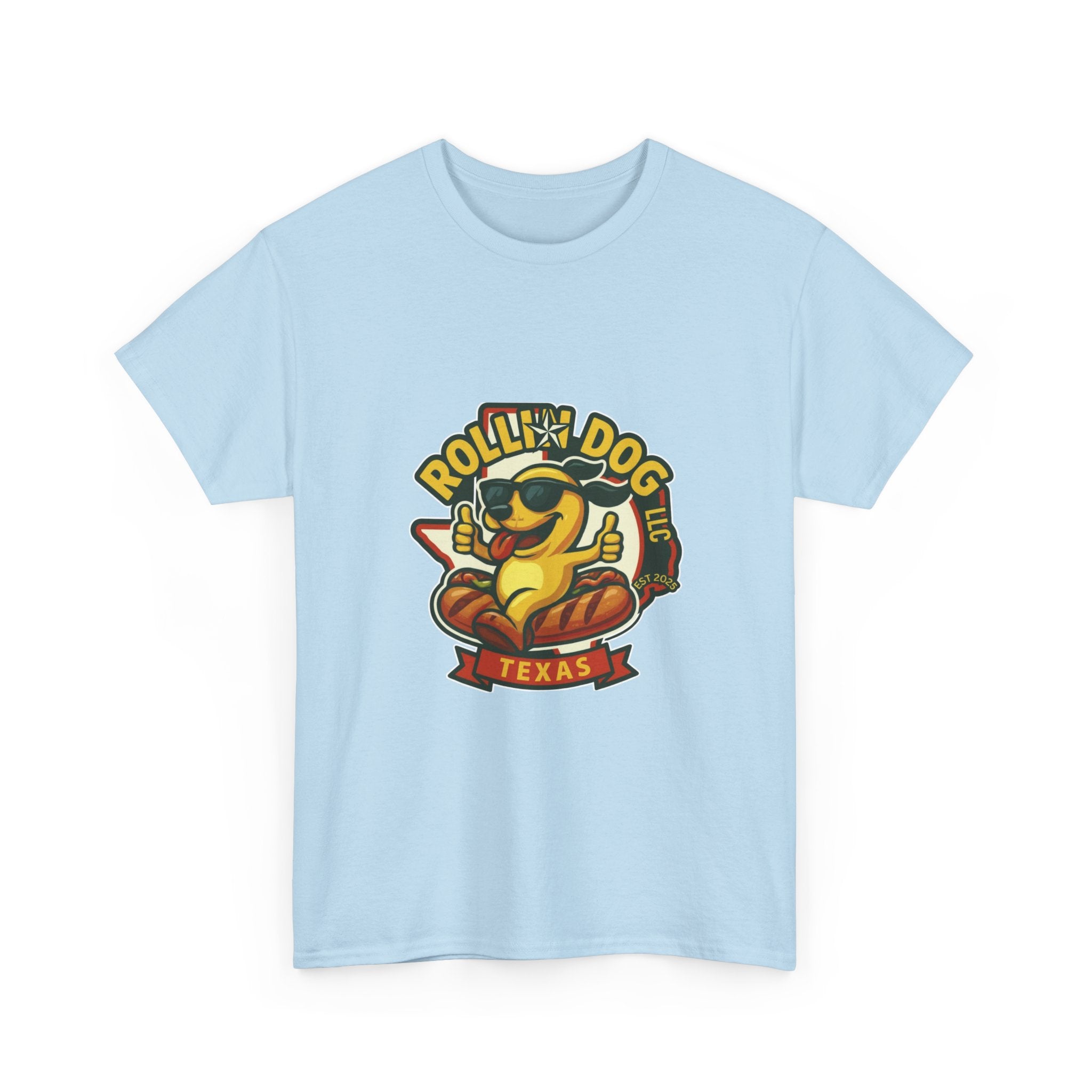 T-Shirt — "Rollin' Dog Texas" Cool Hot Dog Mascot Graphic Tee