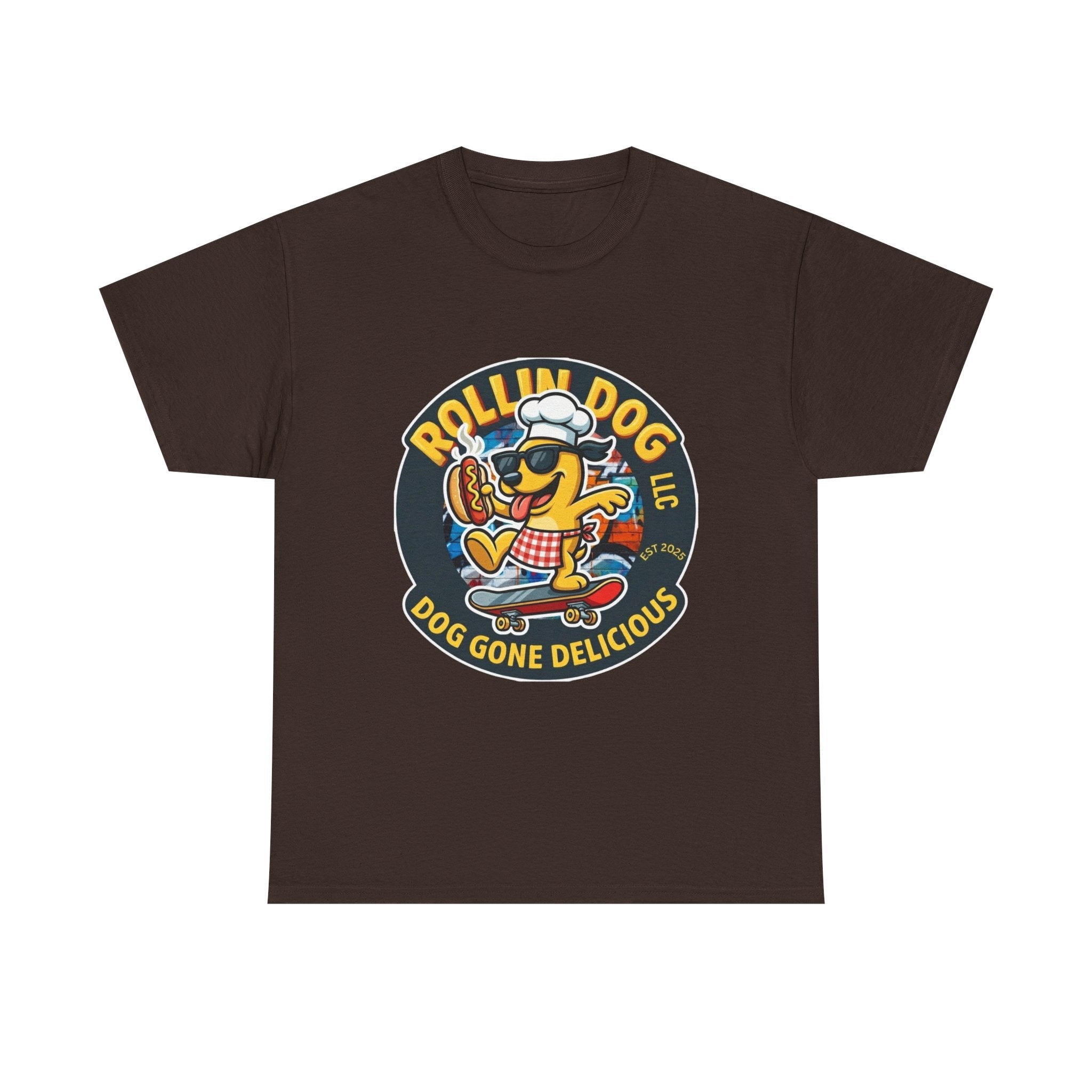 Rollin Dog Skateboard Hot Dog T-Shirt — 'Rollin Dog LLC: Dog Gone Delicious' Vintage Logo Tee