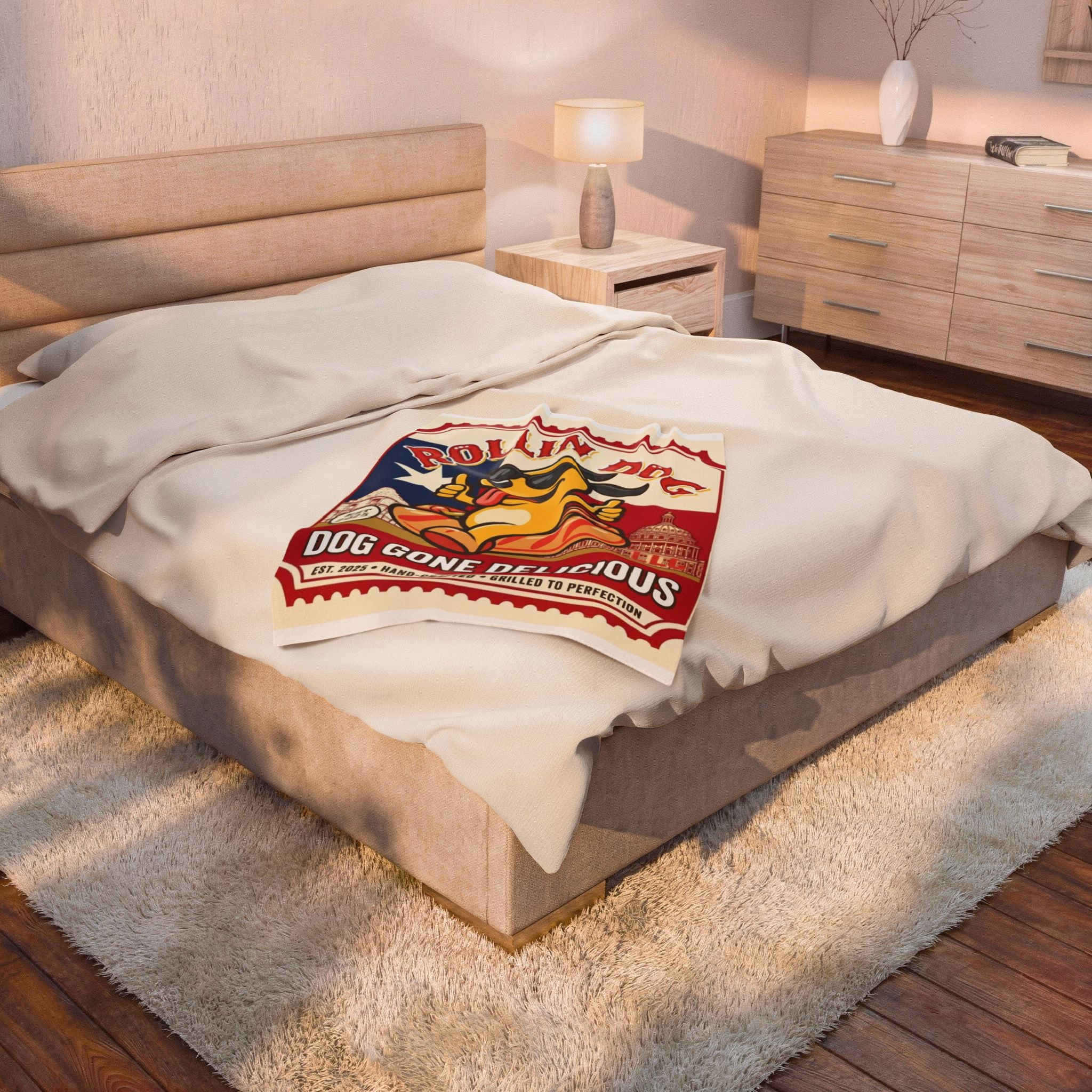 Texas Velveteen Plush Blanket — "Rollin Dog: Dog Gone Delicious" Retro Hot Dog Pup Throw