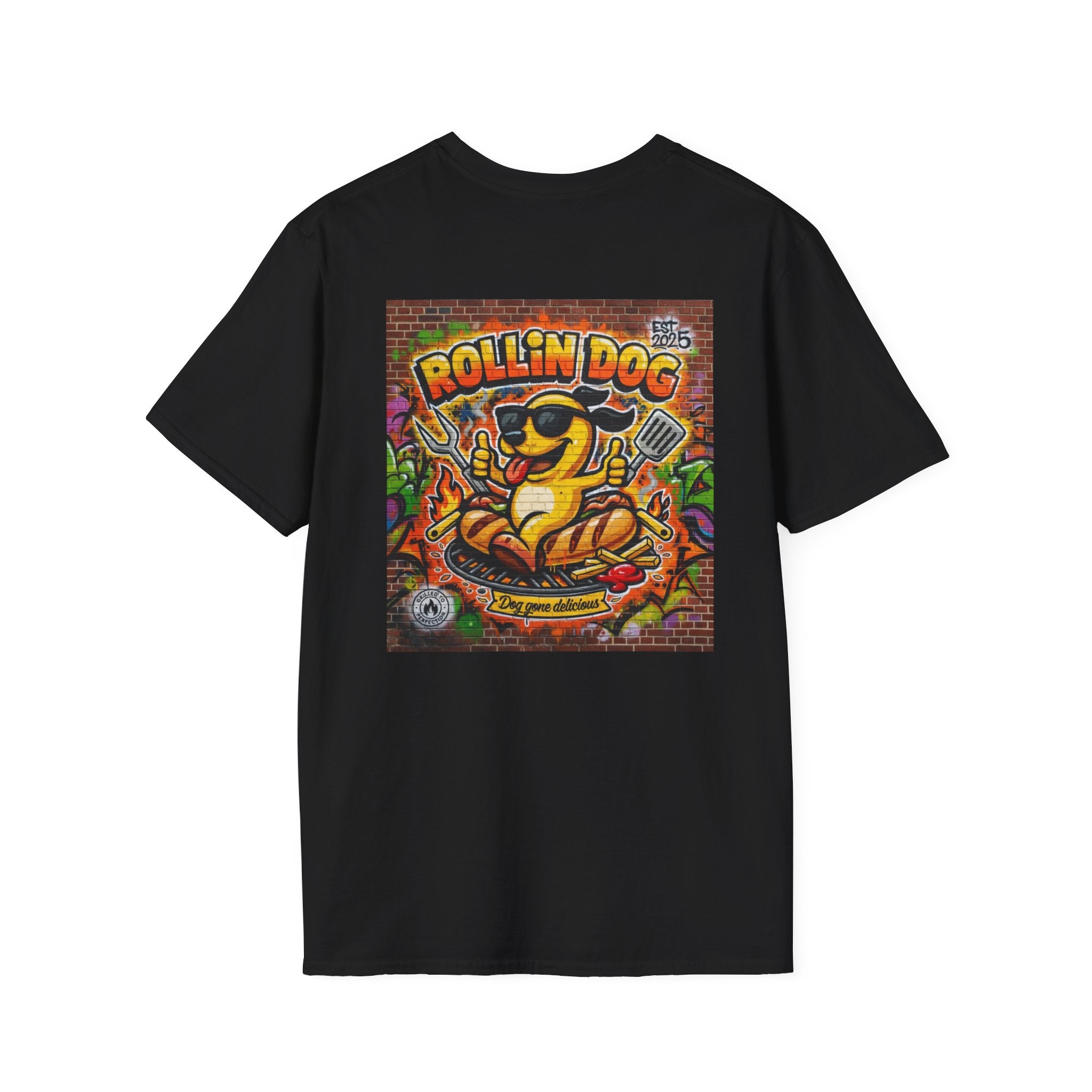 Rollin Dog Graphic T-Shirt Graffiti 2 — Retro Street Art Hot Dog Design