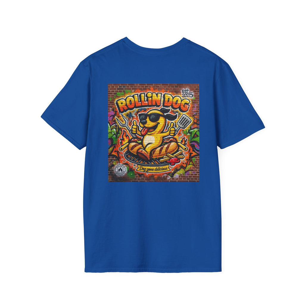 Rollin Dog Graphic T-Shirt Graffiti 2 — Retro Street Art Hot Dog Design
