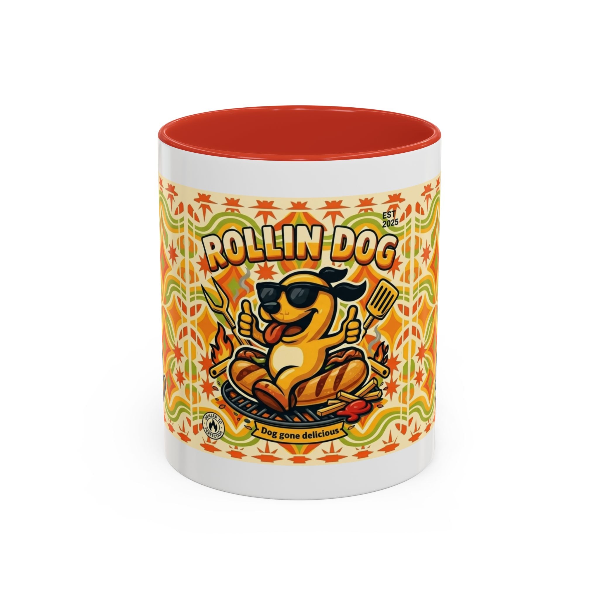 Retron Hot Dog Food Truck Accent Coffee Mug — "Rollin Dog" Retro Summer BBQ Mug (11/15oz)