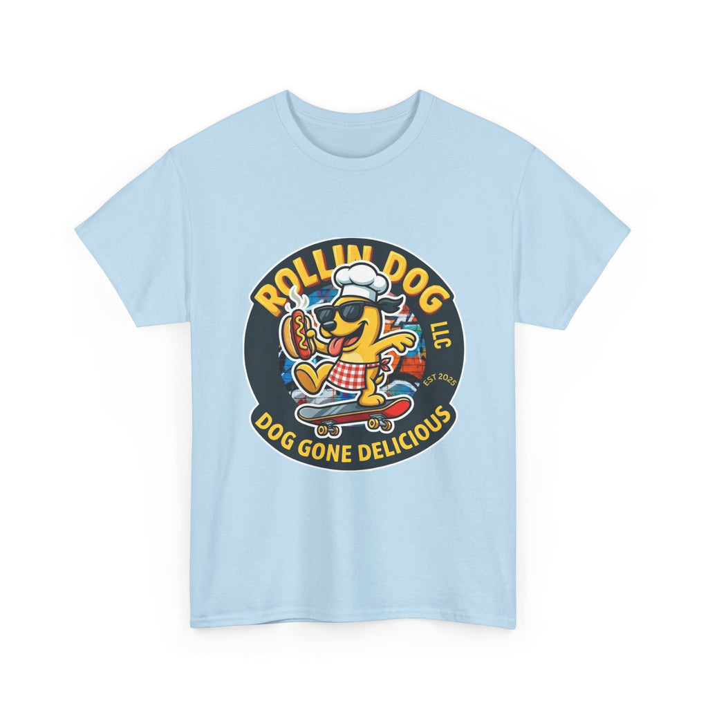 Rollin Dog Skateboard Hot Dog T-Shirt — 'Rollin Dog LLC: Dog Gone Delicious' Vintage Logo Tee
