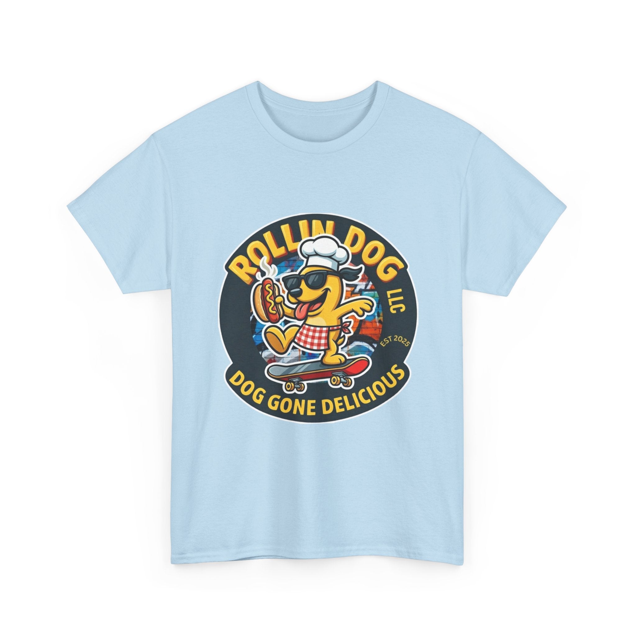 Rollin Dog Skateboard Hot Dog T-Shirt — 'Rollin Dog LLC: Dog Gone Delicious' Vintage Logo Tee