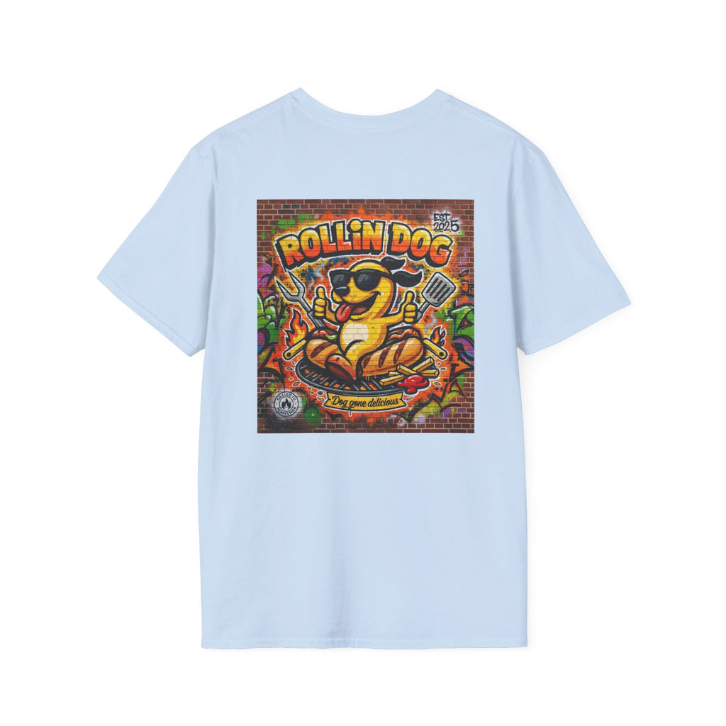 Rollin Dog Graphic T-Shirt Graffiti 2 — Retro Street Art Hot Dog Design