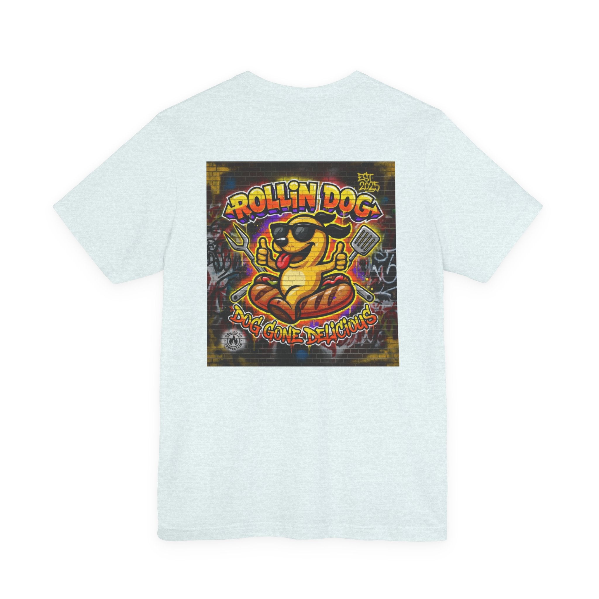 Rollin Dog Graphic Tee Graffiti 1 — Retro Hot Dog Street Art T-Shirt