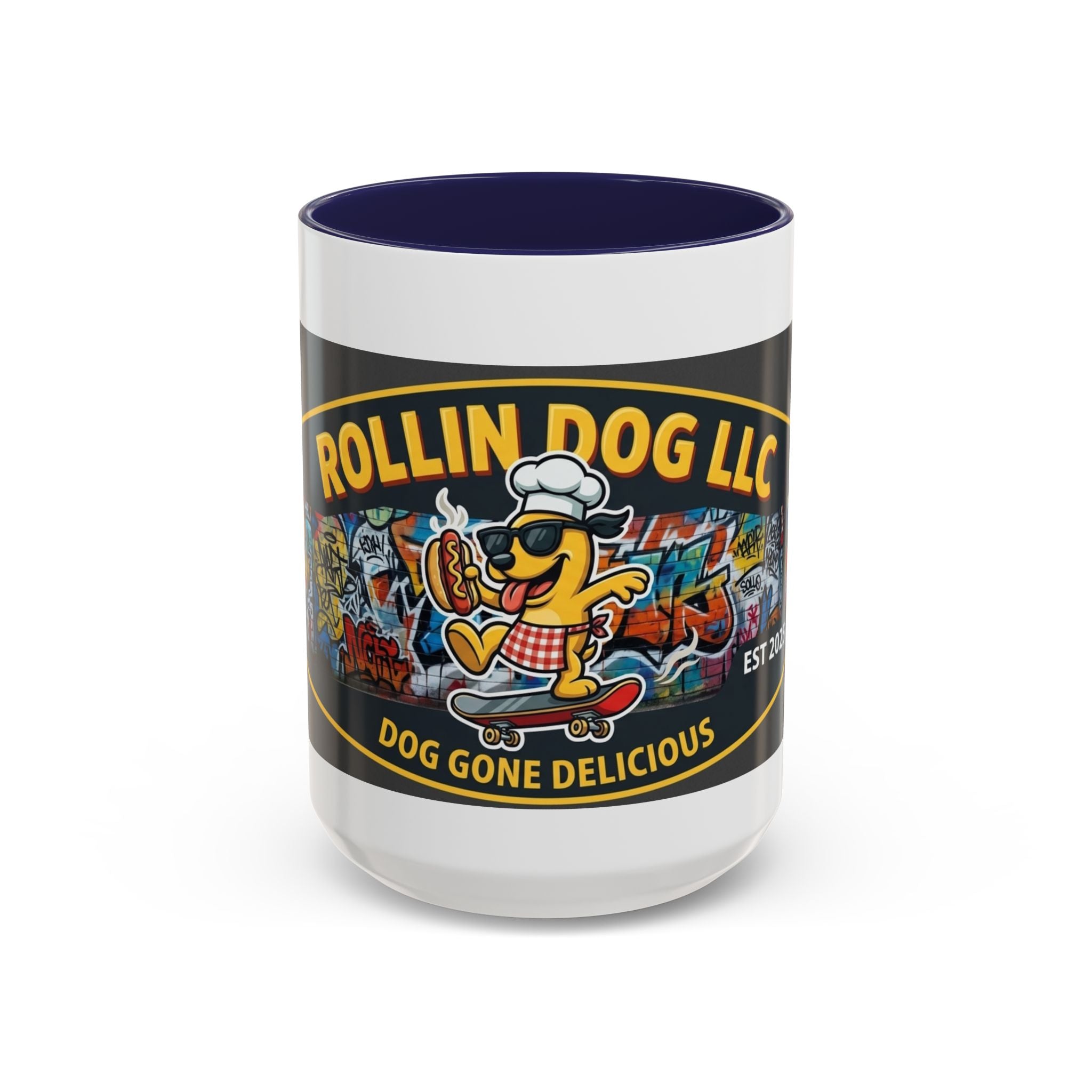 Rolling Dog Coffee Mug — 'Dog Gone Delicious' Skateboard Hot Dog Design