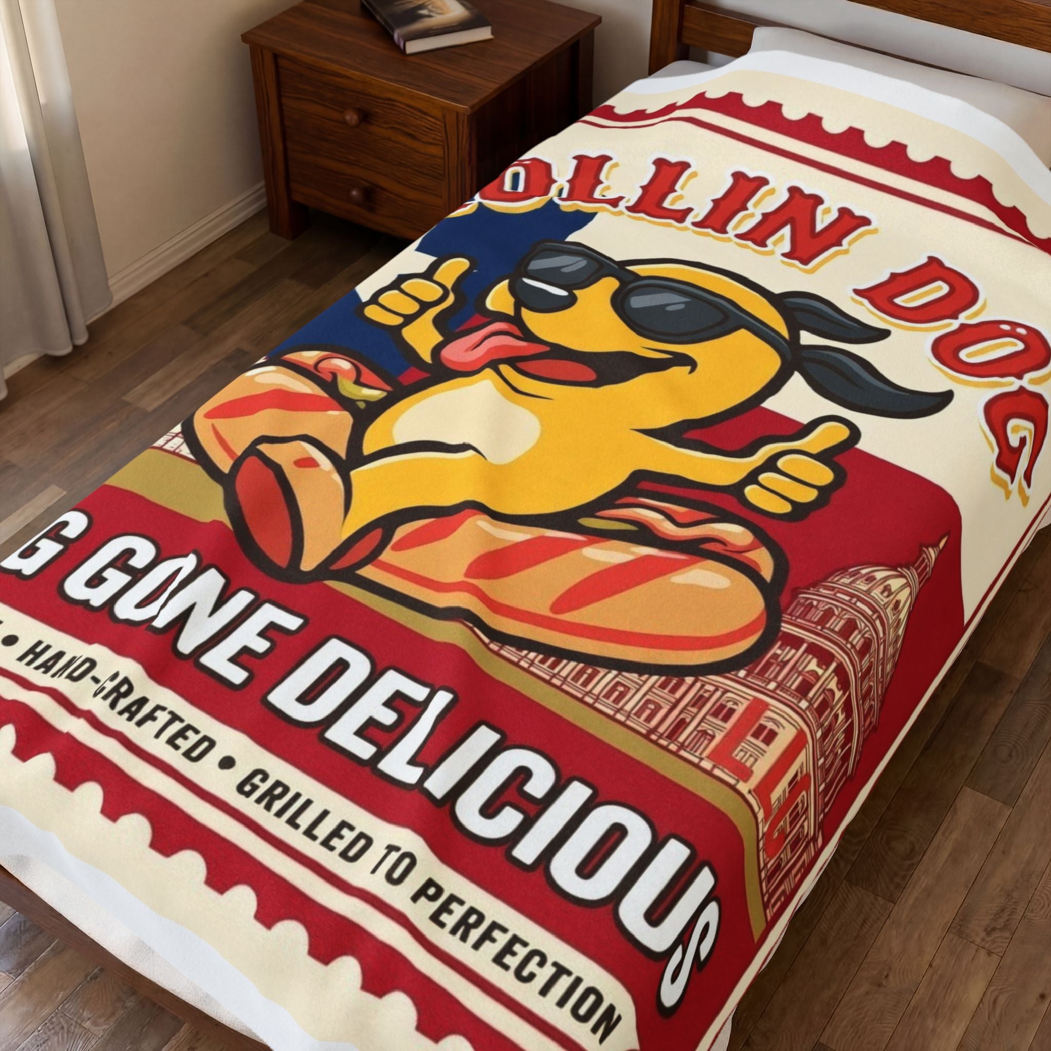 Texas Velveteen Plush Blanket — "Rollin Dog: Dog Gone Delicious" Retro Hot Dog Pup Throw
