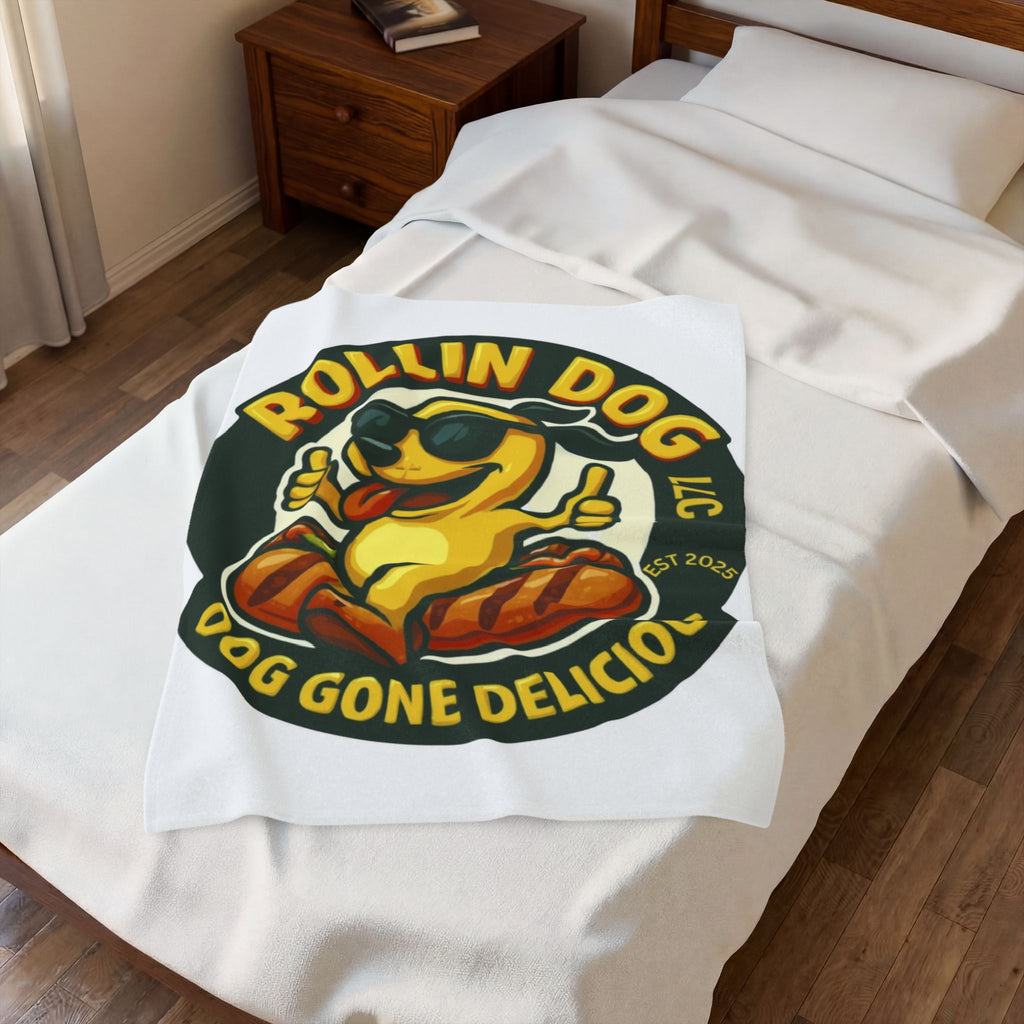 Original Velveteen Plush Blanket — 'Rollin Dog: Dog Gone Delicious' Retro Hot Dog Mascot Throw